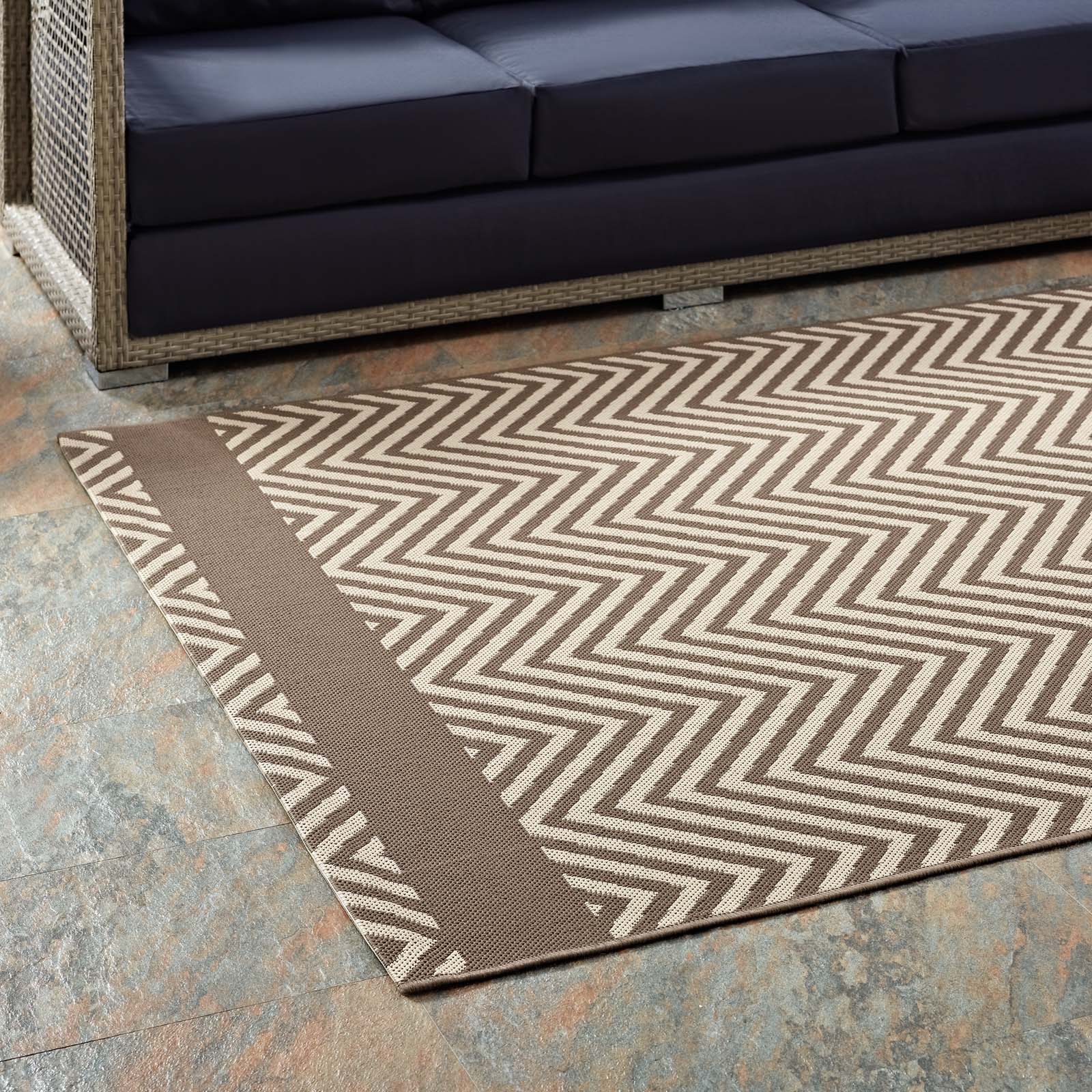 Modway Outdoor Rugs - Optica Chevron With End Borders 5x8 Indoor and Outdoor Area Rug Light & Dark Beige