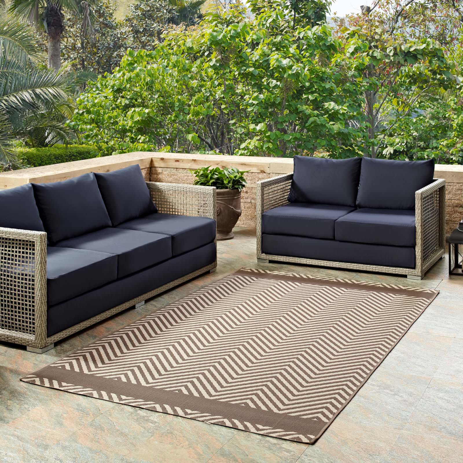 Modway Outdoor Rugs - Optica Chevron With End Borders 5x8 Indoor and Outdoor Area Rug Light & Dark Beige