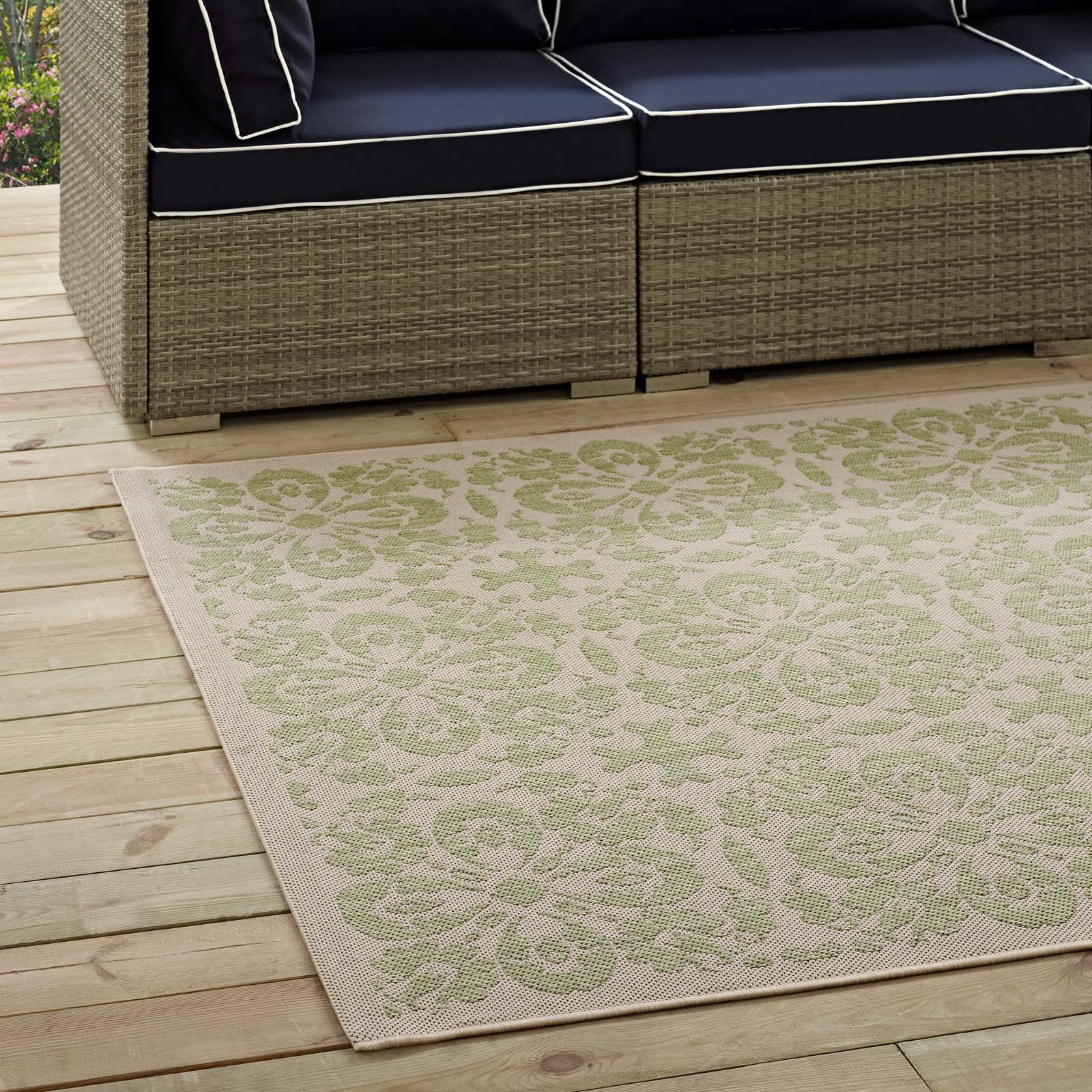 Modway Outdoor Rugs - Ariana Vintage Floral Trellis 9'x12' Outdoor Area Rug Light Green & Beige