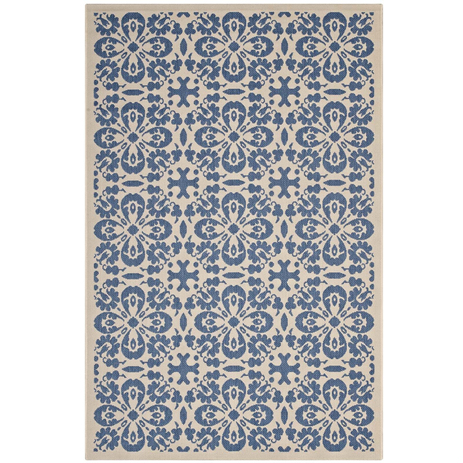 Modway Indoor Rugs - Ariana Vintage Floral Trellis 4x6 Indoor and Outdoor Area Rug Blue and Beige