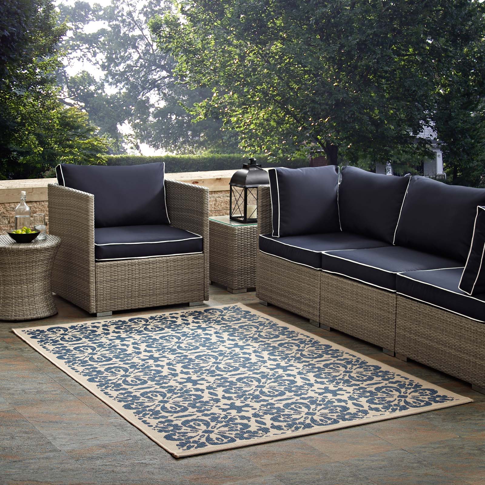 Modway Outdoor Rugs - Ariana Vintage Floral Trellis 5x8 Indoor and Outdoor Area Rug Blue & Beige