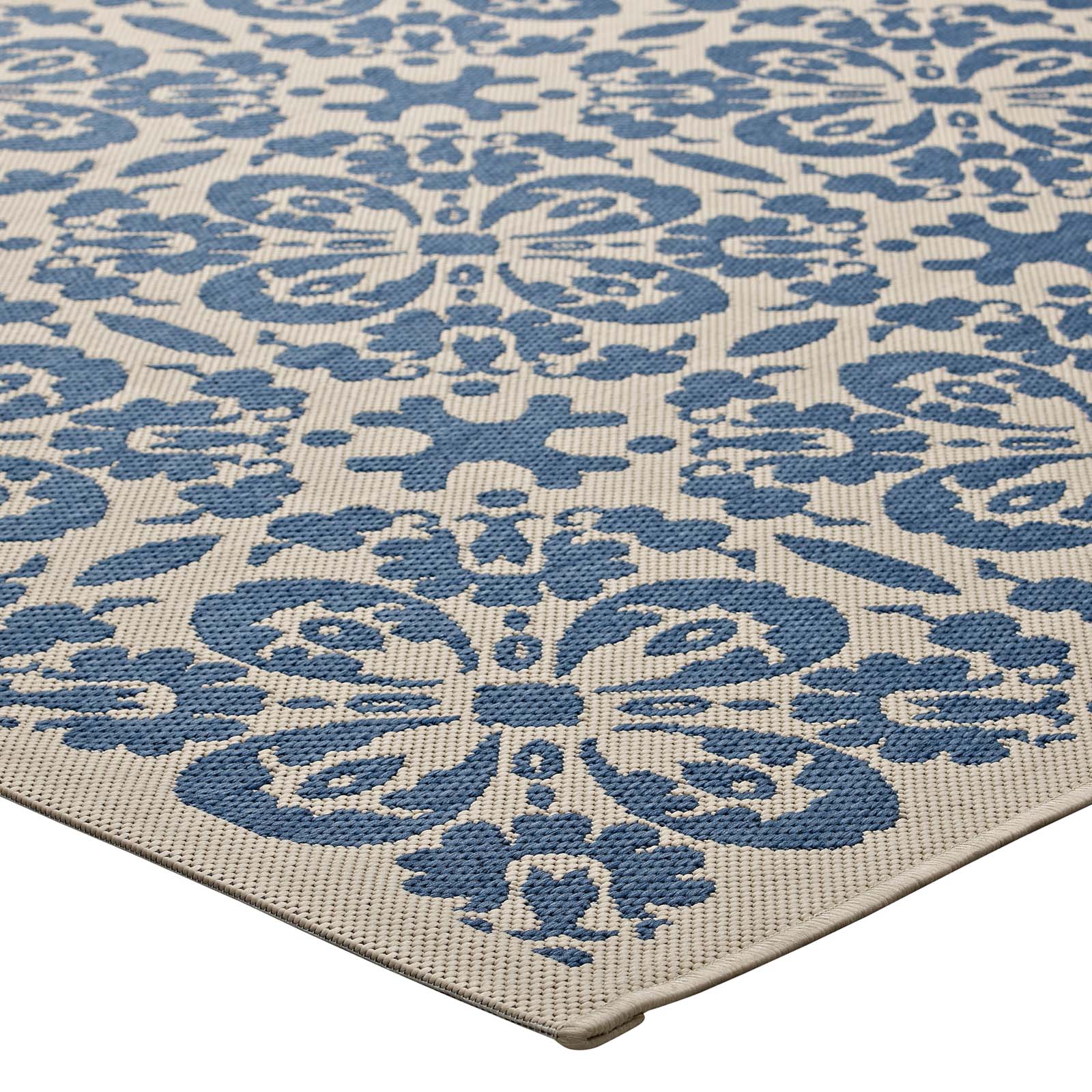 Modway Outdoor Rugs - Ariana Vintage Floral Trellis 8'x10' Outdoor Area Rug Blue & Beige