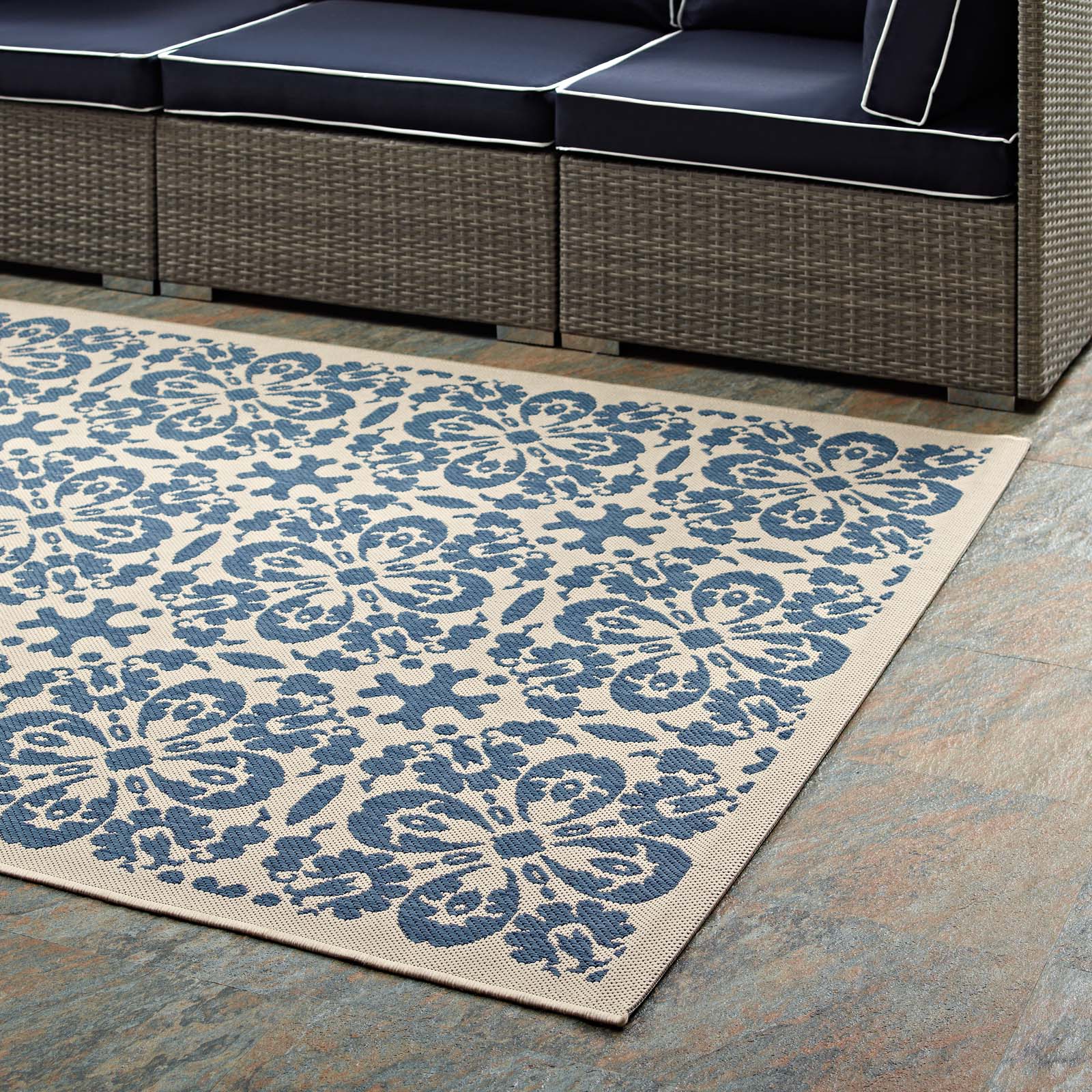 Modway Outdoor Rugs - Ariana Vintage Floral Trellis 8'x10' Outdoor Area Rug Blue & Beige