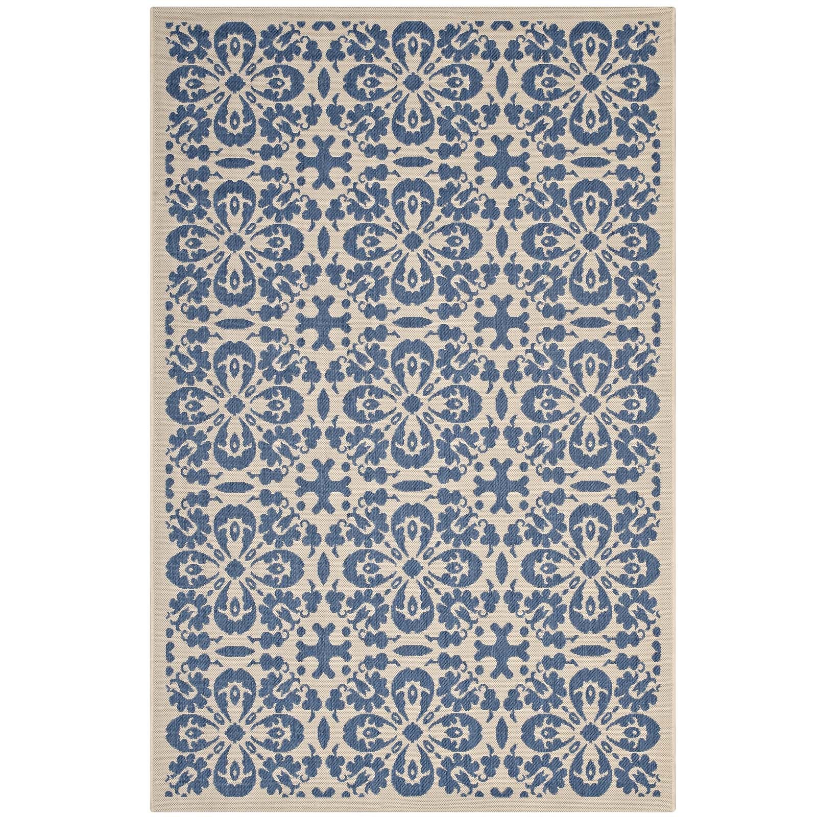 Modway Outdoor Rugs - Ariana Vintage Floral Trellis 9'x12' Outdoor Area Rug Blue & Beige