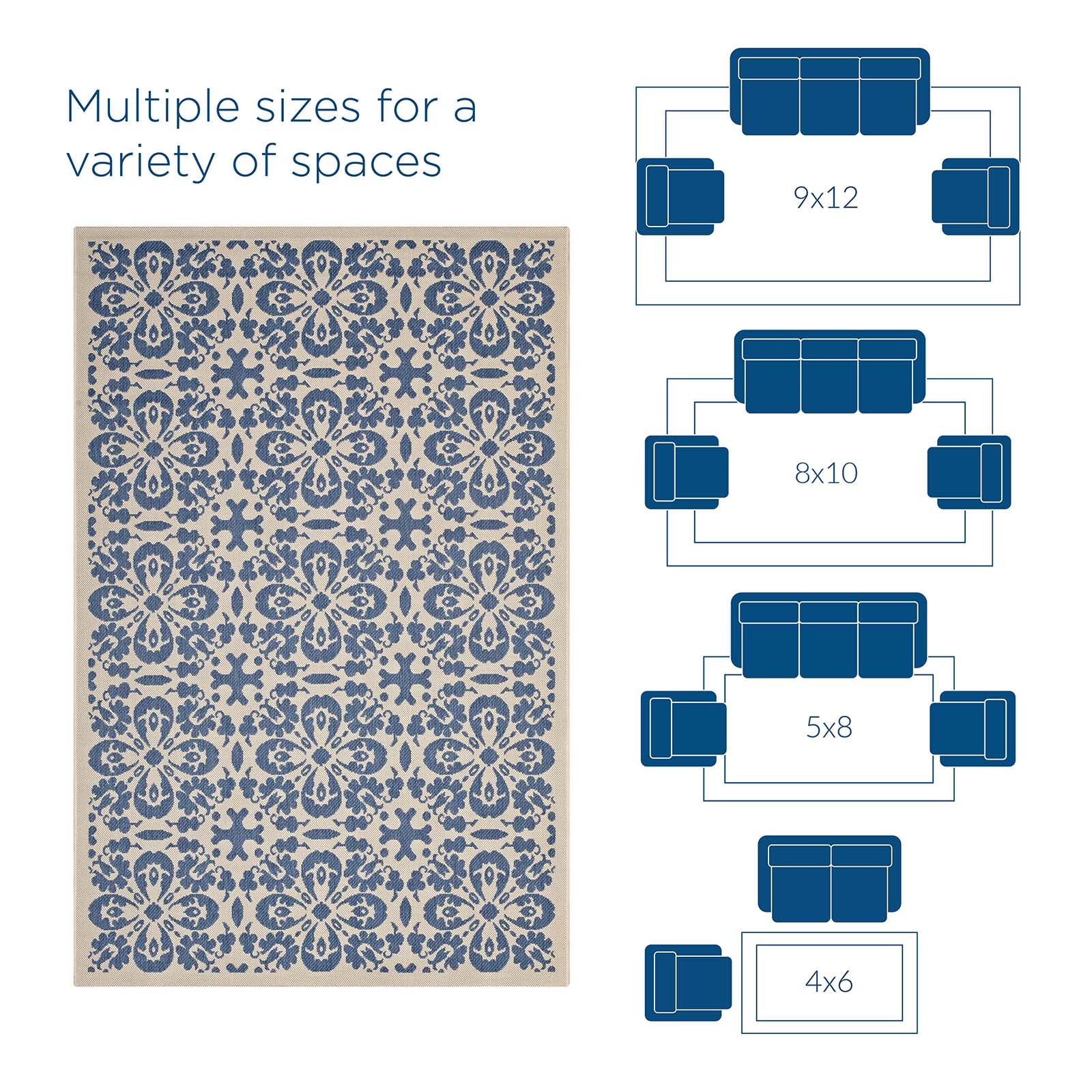 Modway Outdoor Rugs - Ariana Vintage Floral Trellis 9'x12' Outdoor Area Rug Blue & Beige