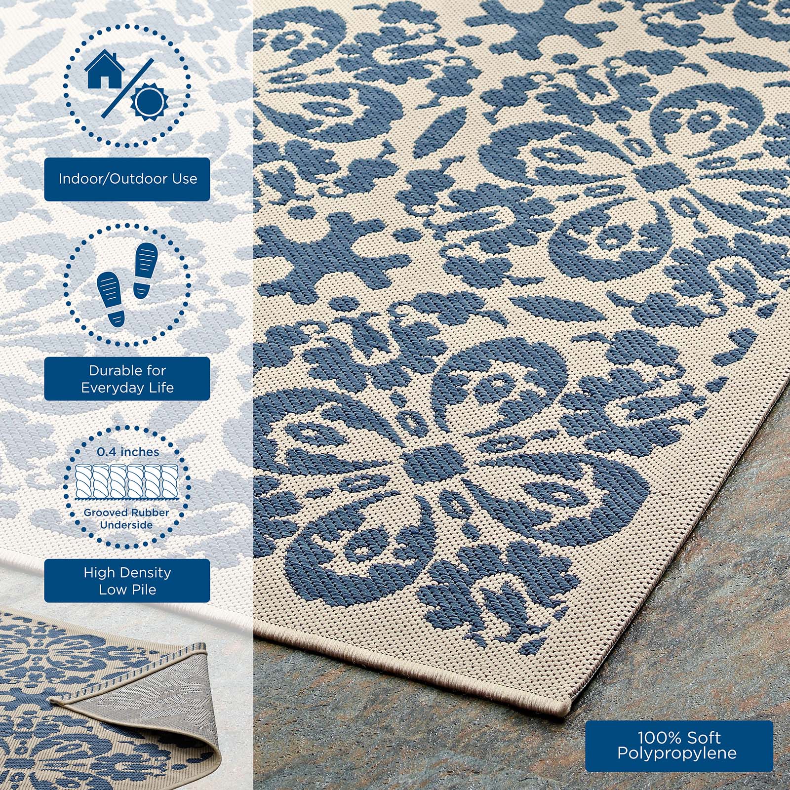 Modway Outdoor Rugs - Ariana Vintage Floral Trellis 9'x12' Outdoor Area Rug Blue & Beige