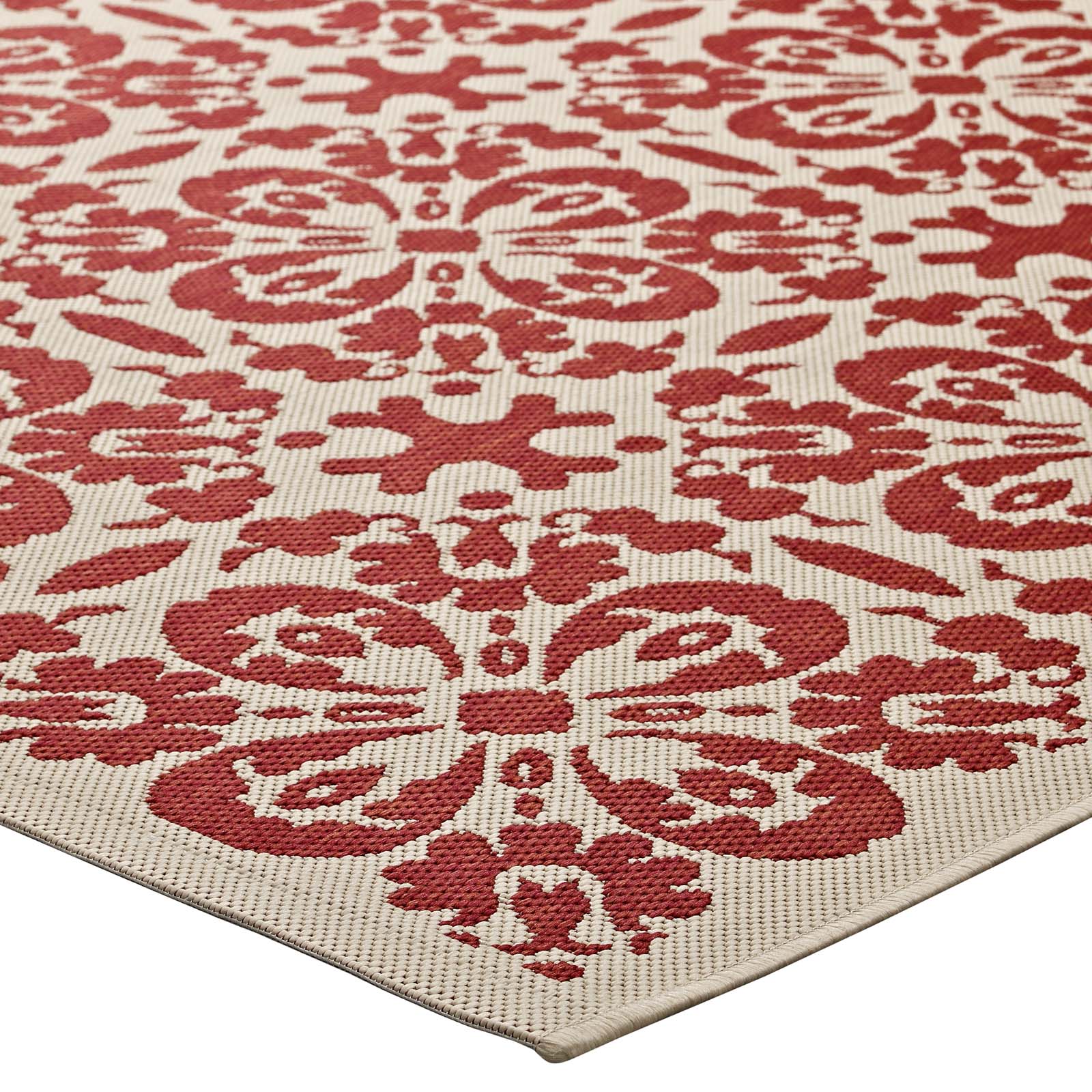 Modway Outdoor Rugs - Ariana Vintage Floral Trellis 5x8 Indoor and Outdoor Area Rug Red & Beige