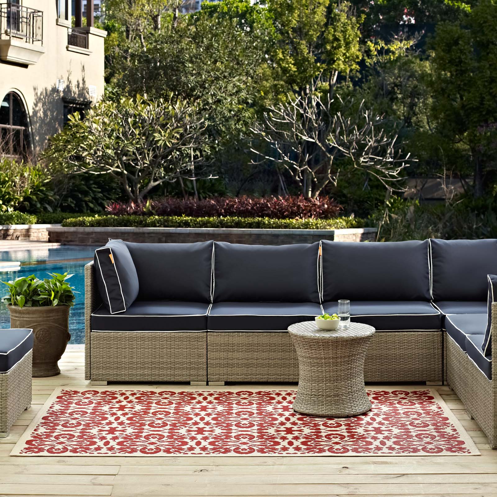 Modway Outdoor Rugs - Ariana Vintage Floral Trellis 5x8 Indoor and Outdoor Area Rug Red & Beige