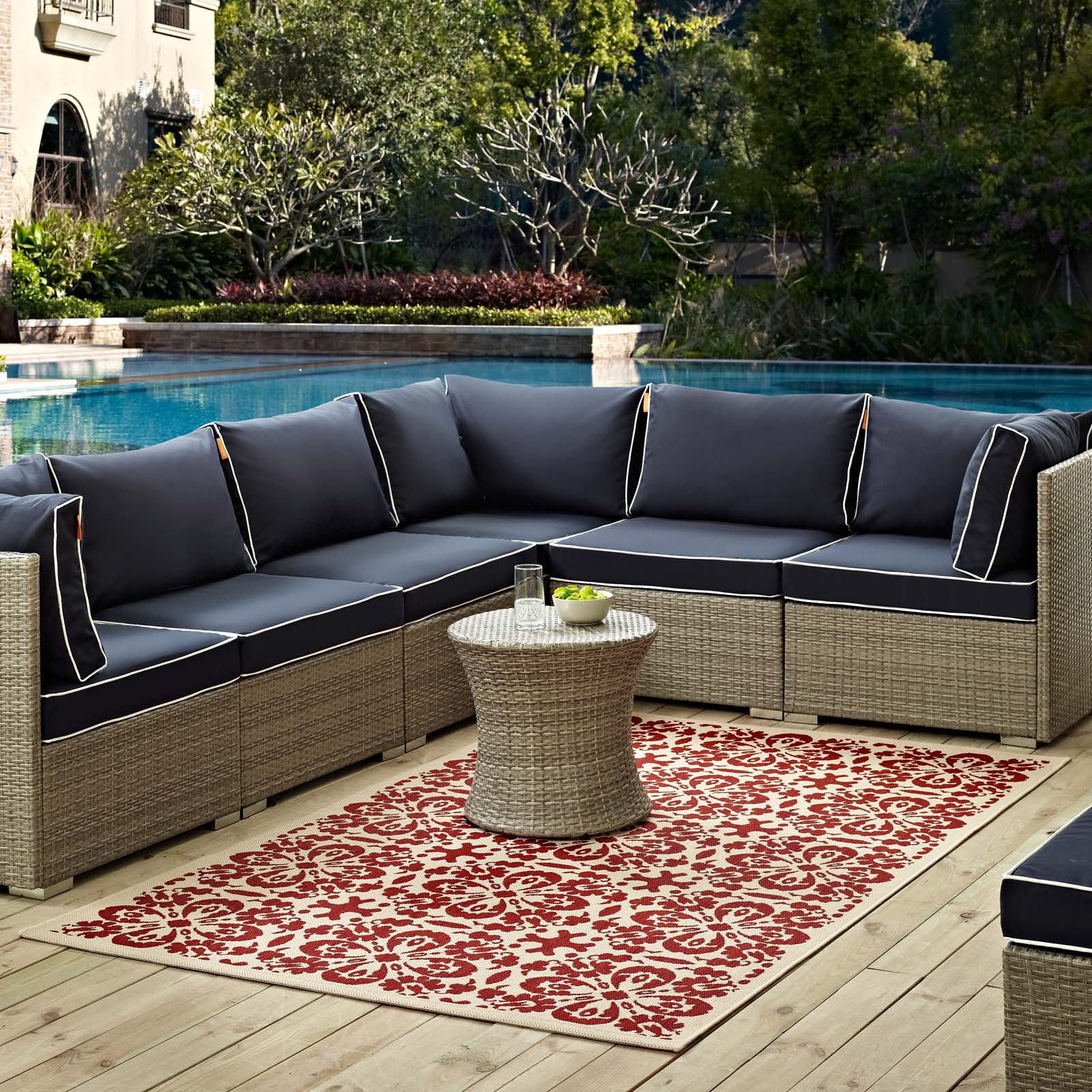 Modway Outdoor Rugs - Ariana Vintage Floral Trellis 5x8 Indoor and Outdoor Area Rug Red & Beige