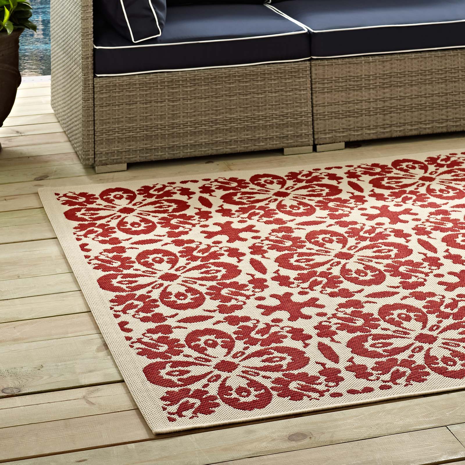 Modway Outdoor Rugs - Ariana Vintage Floral Trellis 9'x12' Outdoor Area Rug Red & Beige