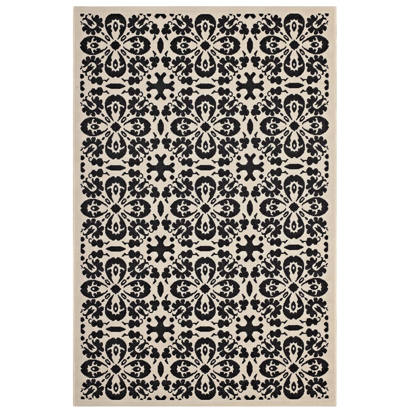 Modway Indoor Rugs - Ariana Vintage Floral Trellis 4x6 Indoor and Outdoor Area Rug Black and Beige