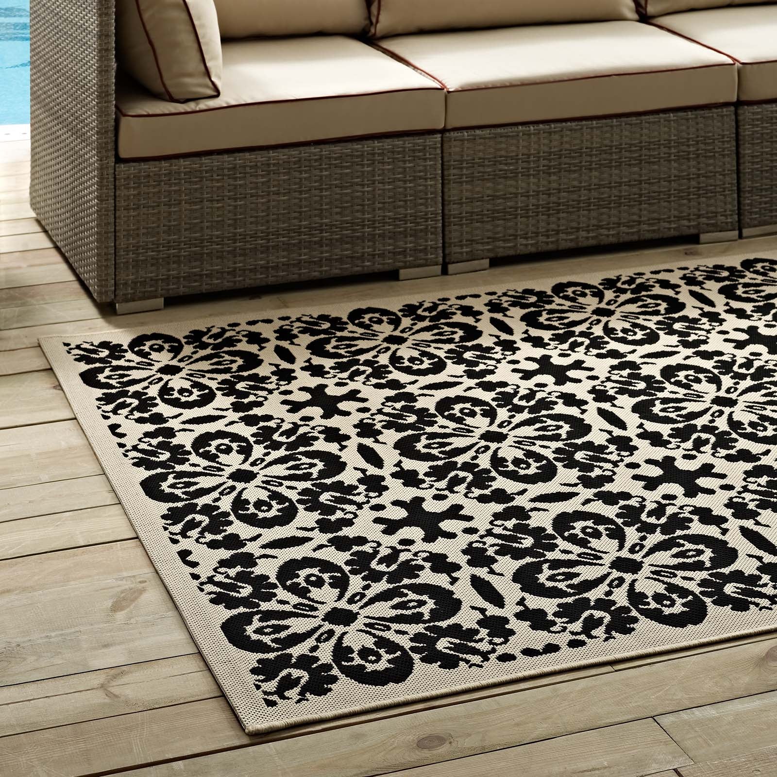 Modway Indoor Rugs - Ariana Vintage Floral Trellis 4x6 Indoor and Outdoor Area Rug Black and Beige