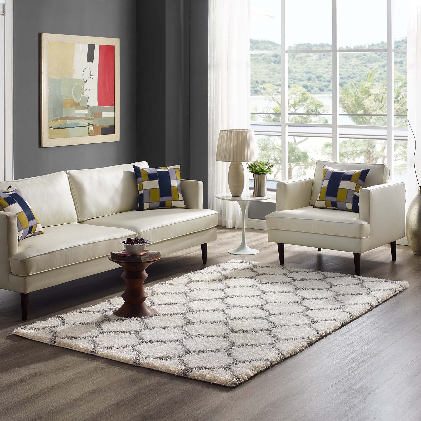 Modway Indoor Rugs - Solvea 5' x 8' Shag Area Rug Ivory & Gray