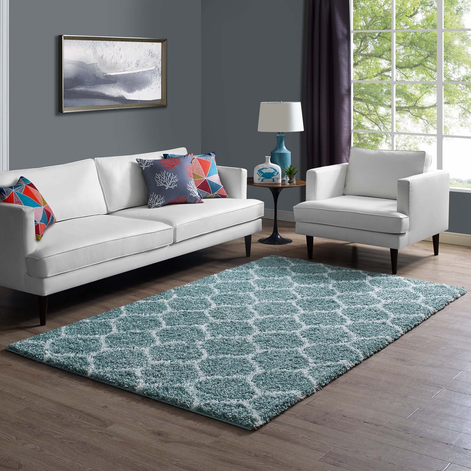 Modway Indoor Rugs - Solvea 5' x 8' Shag Area Rug Aqua Blue & Ivory