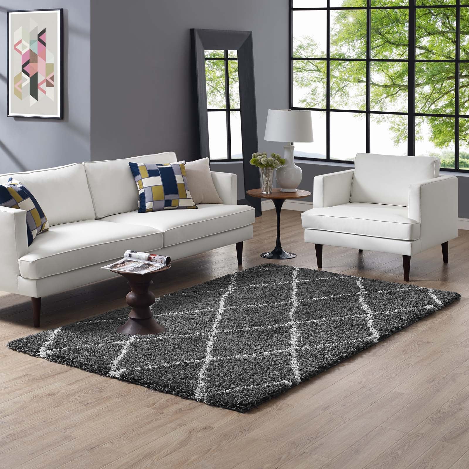 Modway Indoor Rugs - Toryn Diamond Lattice 5' x 8' Shag Area Rug Dark Gray & Ivory