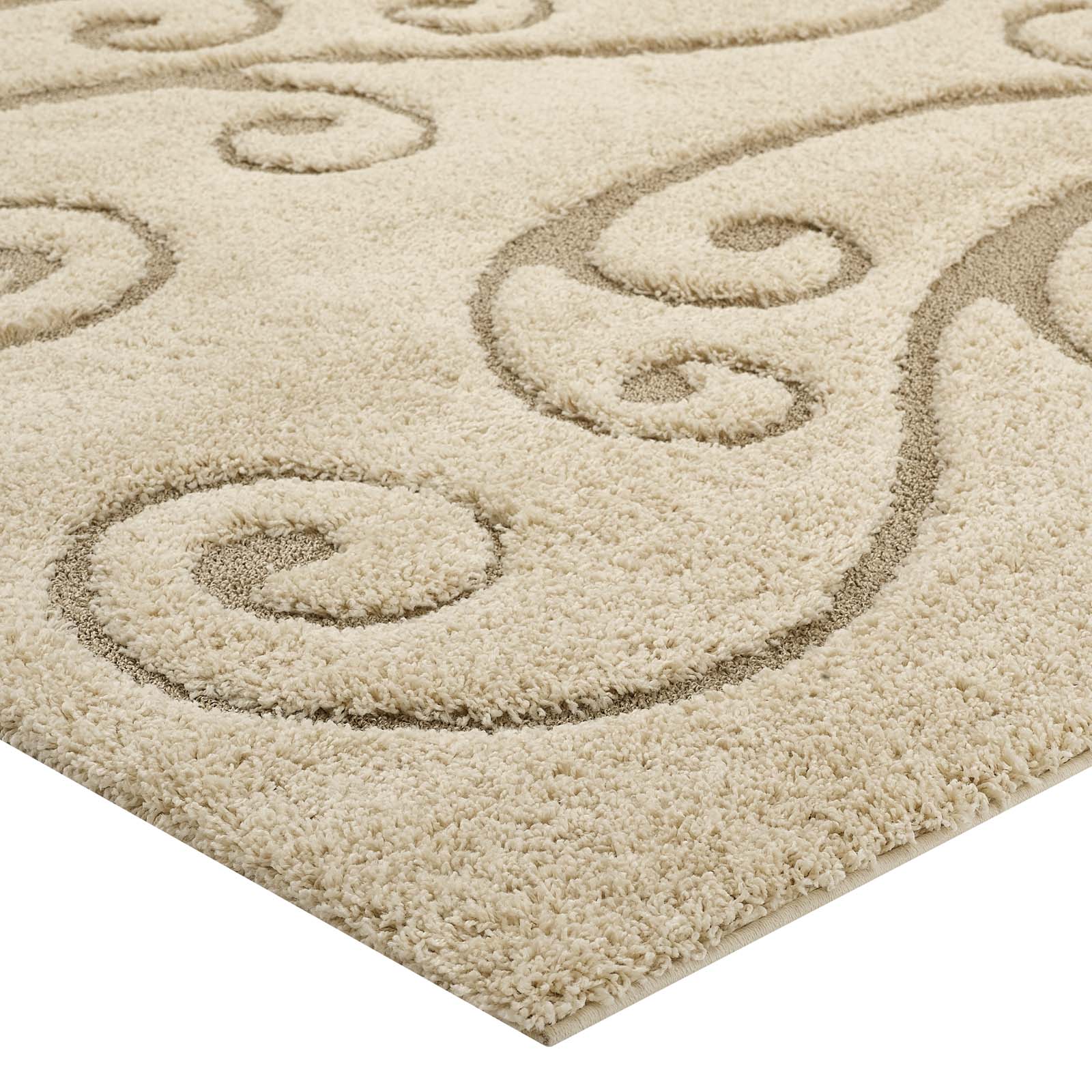 Modway Indoor Rugs - Jubilant Sprout Scrolling Vine 5x8 Shag Area Rug Creame & Beige