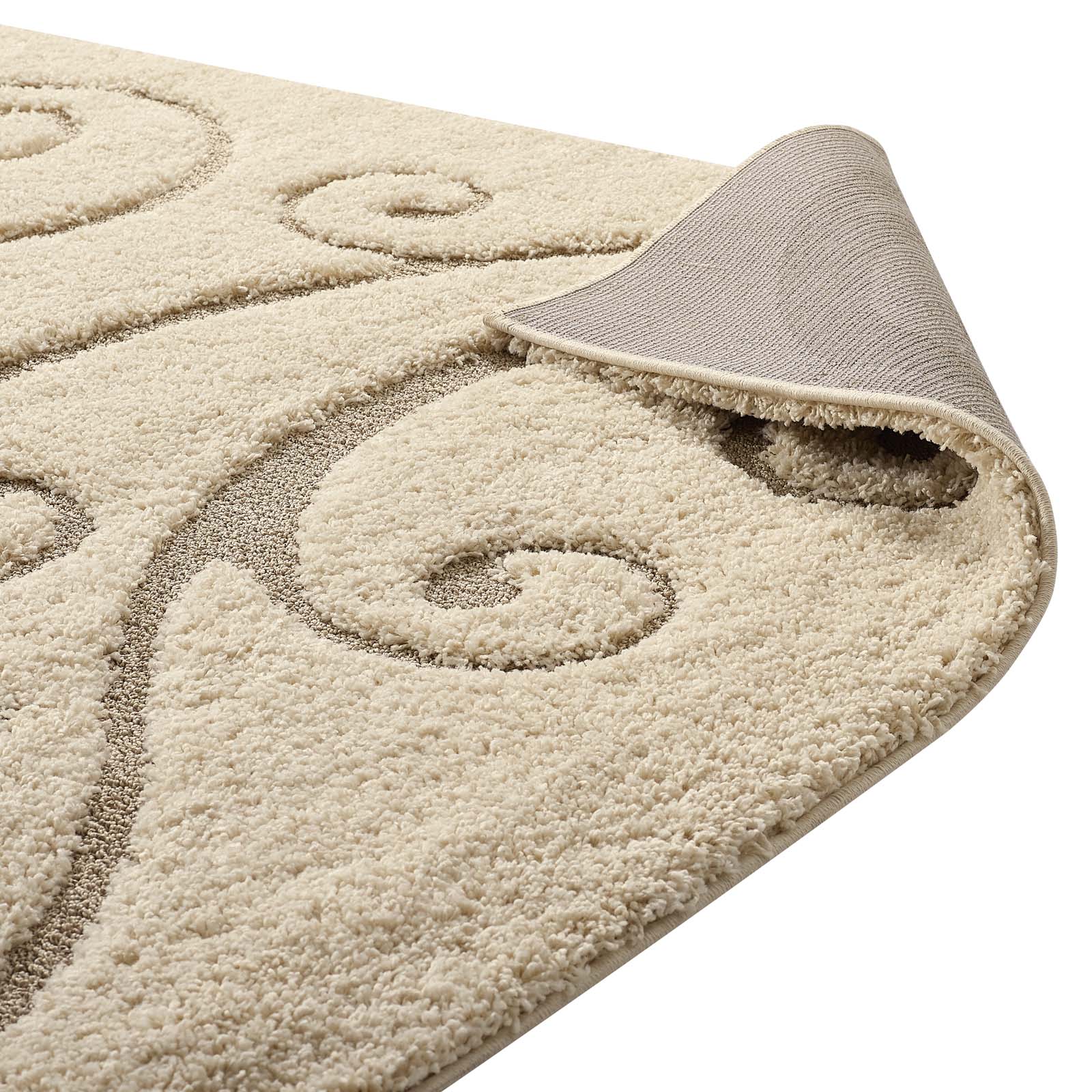 Modway Indoor Rugs - Jubilant Sprout Scrolling Vine 5x8 Shag Area Rug Creame & Beige