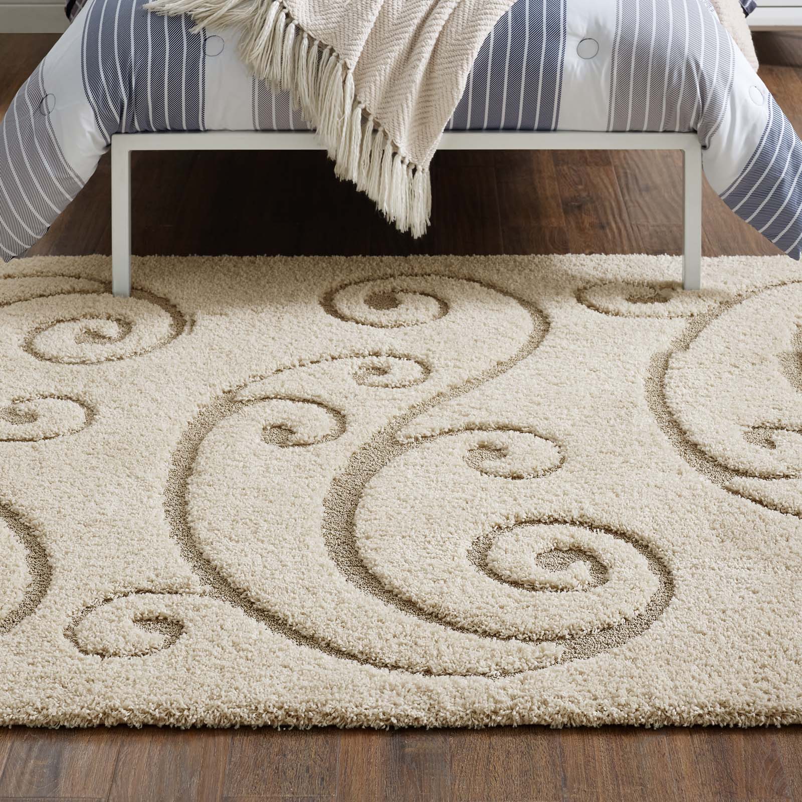 Modway Indoor Rugs - Jubilant Sprout Scrolling Vine 8x10 Shag Area Rug Creame & Beige