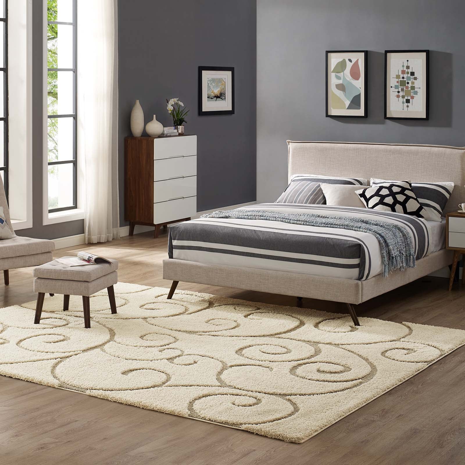 Modway Indoor Rugs - Jubilant Vine 5' x 8' Shag Area Rug Cream & Beige