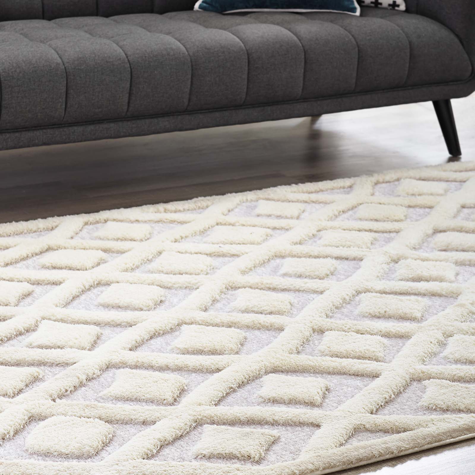 Modway Indoor Rugs - Whimsical Diamond Lattice 5' x 8' Shag Area Rug Ivory & Light Gray