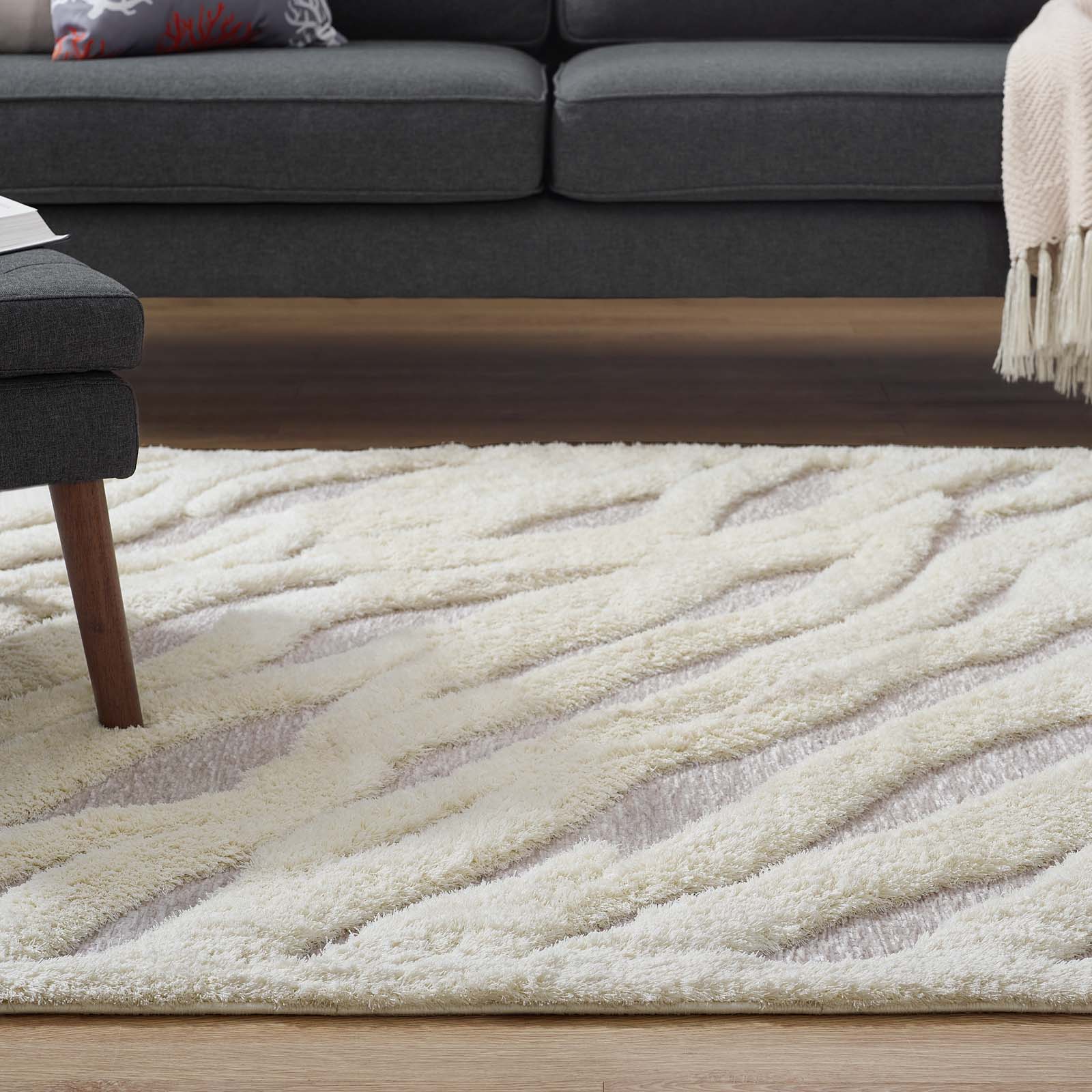 Modway Indoor Rugs - Whimsical Wavy Striped 5' x 8' Shag Area Rug Ivory & Light Gray