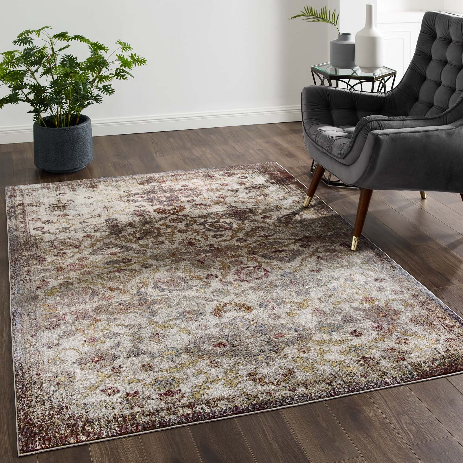 Modway Indoor Rugs - Success Kaede Distressed Vintage Floral Moroccan Trellis 5x8 Area Rug Multicolored