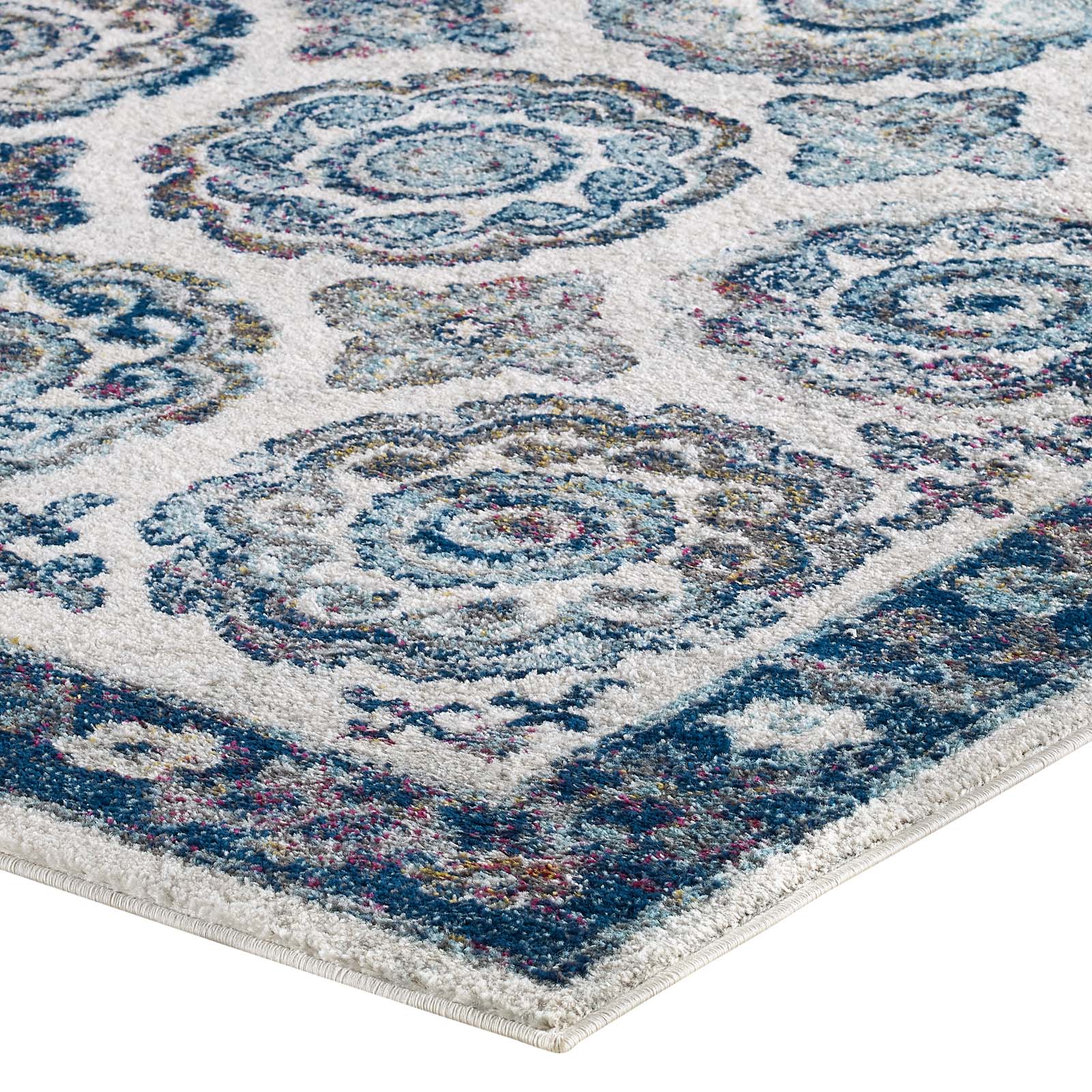 Modway Indoor Rugs - Entourage Odile Distressed Floral Moroccan Trellis 8x10 Area Rug Ivory & Blue