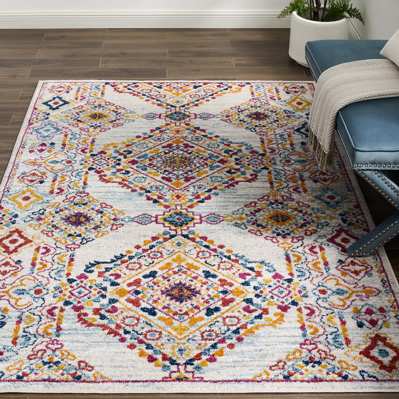 Modway Indoor Rugs - Entourage Khalida 5' x 8' Area Rug Ivory & Blue