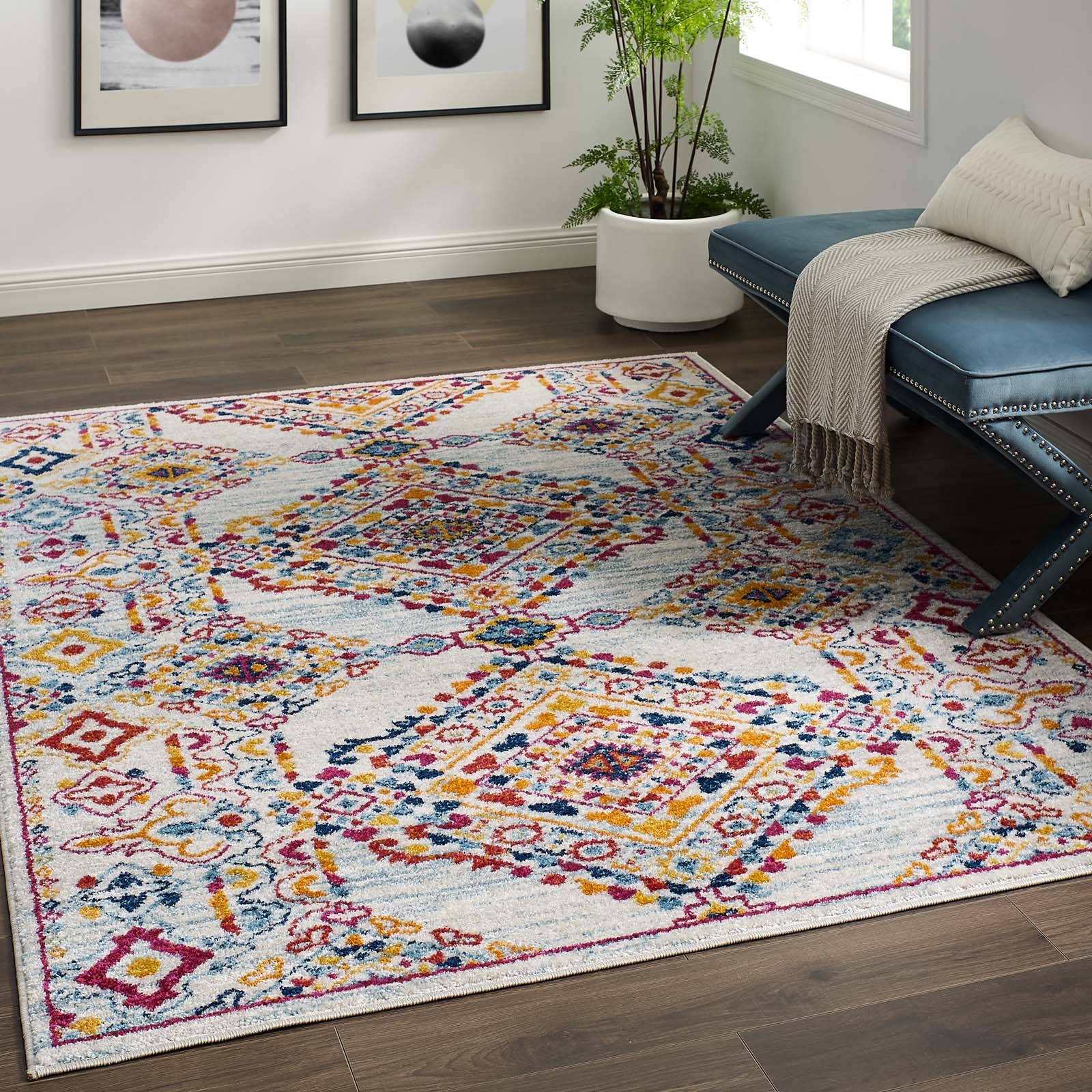 Modway Indoor Rugs - Entourage Khalida 5' x 8' Area Rug Ivory & Blue