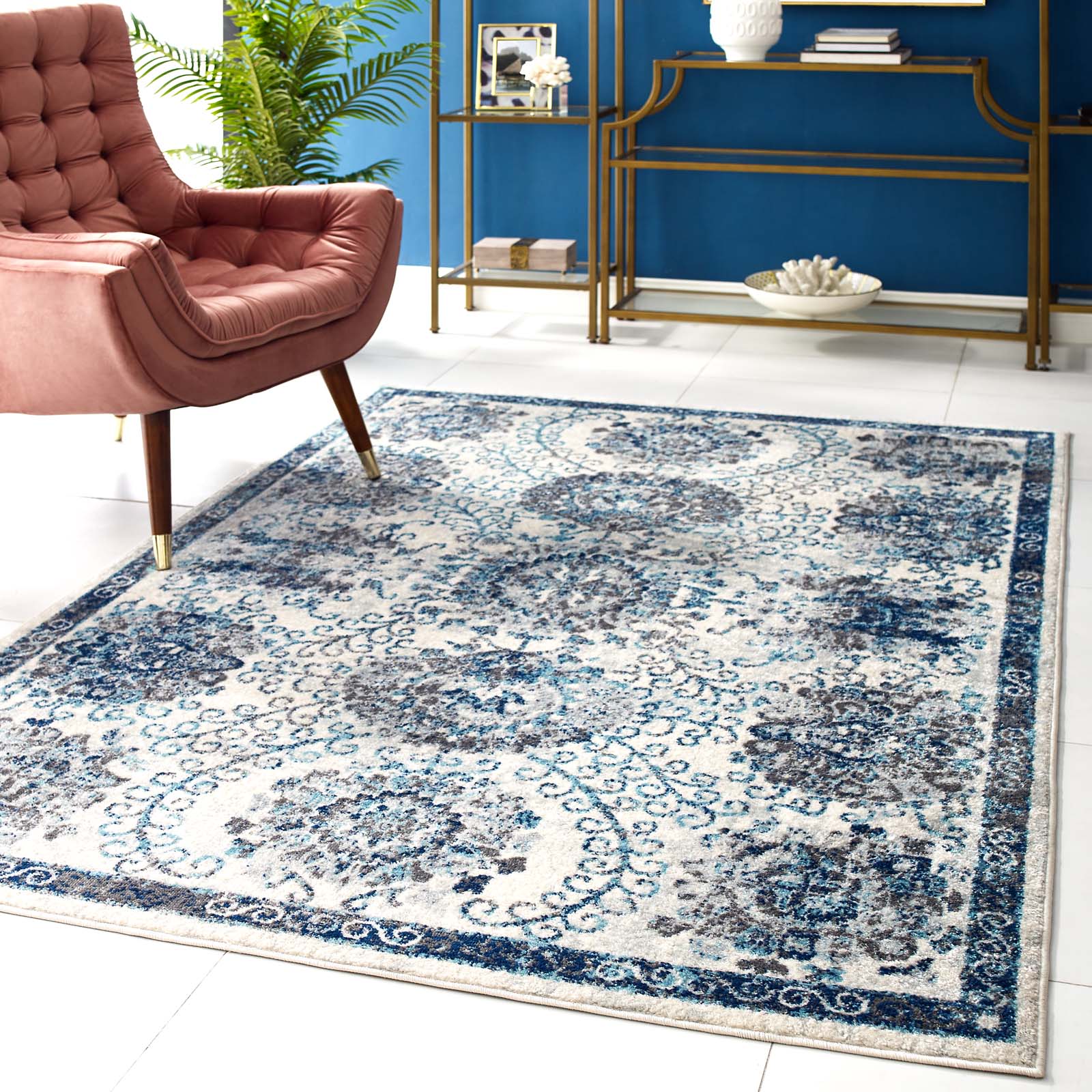 Modway Indoor Rugs - Entourage Kensie 5' x 8' Area Rug Ivory & Blue