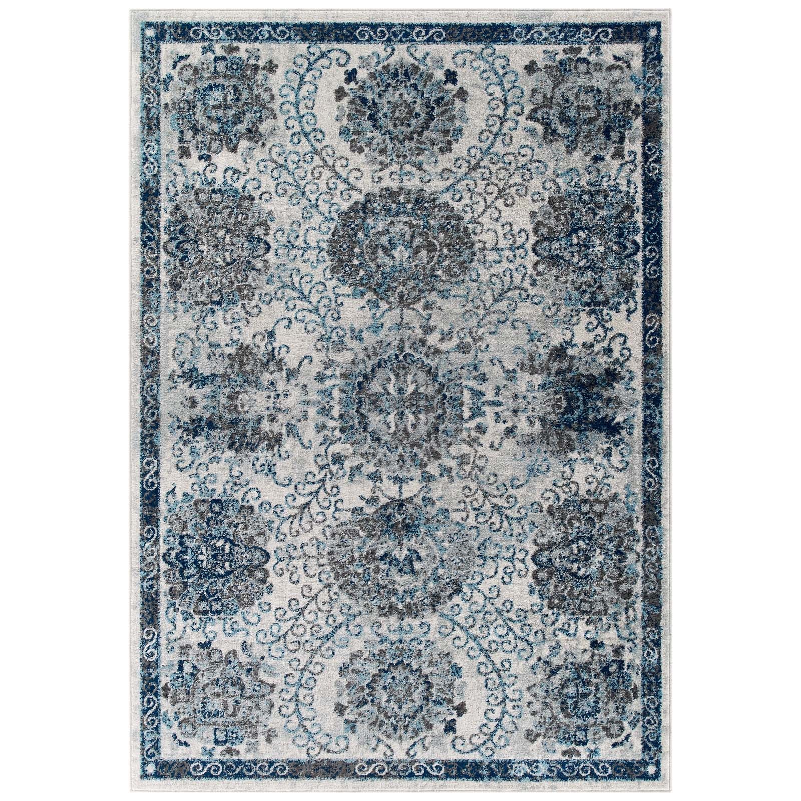 Modway Indoor Rugs - Entourage Kensie Distressed Floral Moroccan Trellis 8x10 Area Rug Ivory & Blue