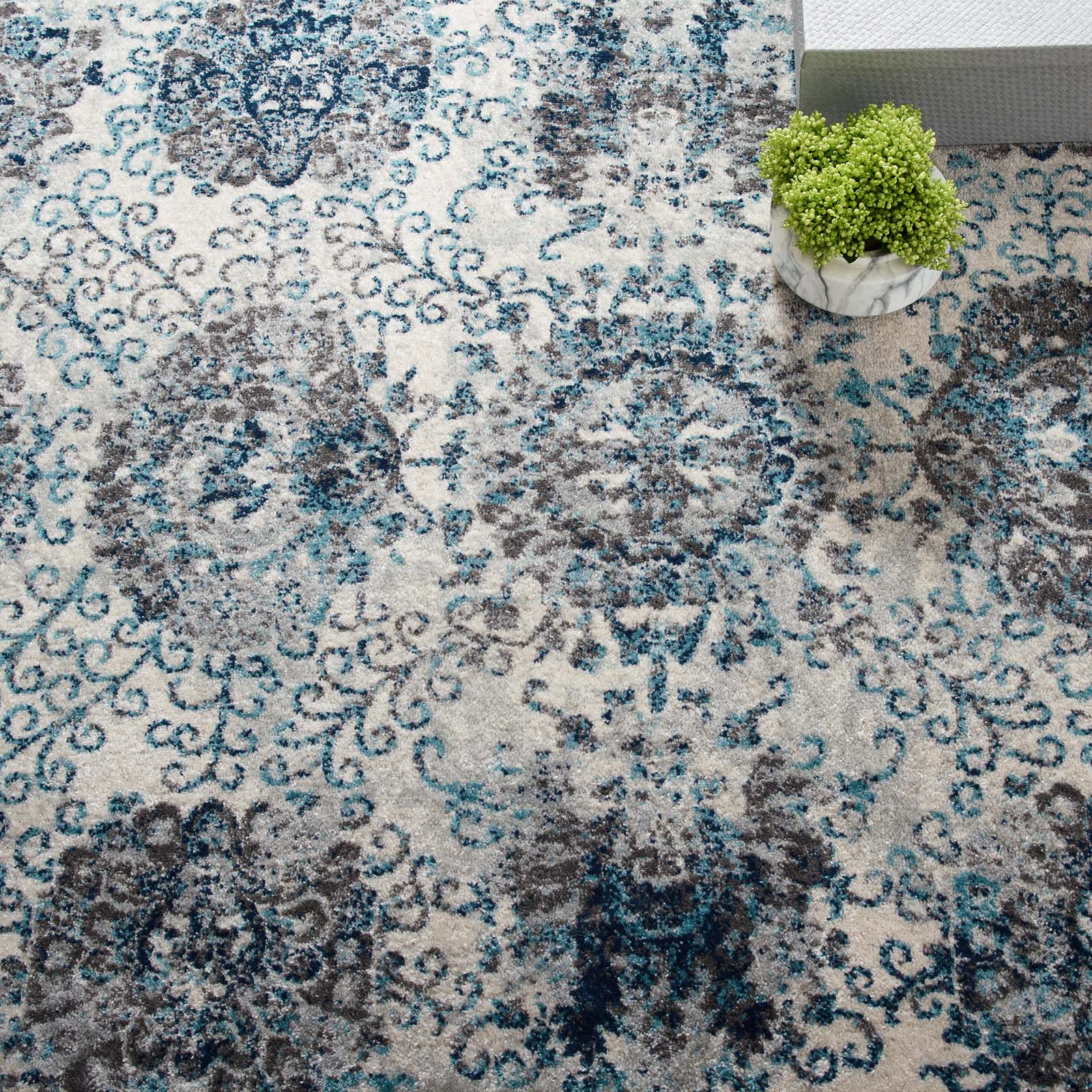 Modway Indoor Rugs - Entourage Kensie Distressed Floral Moroccan Trellis 8x10 Area Rug Ivory & Blue