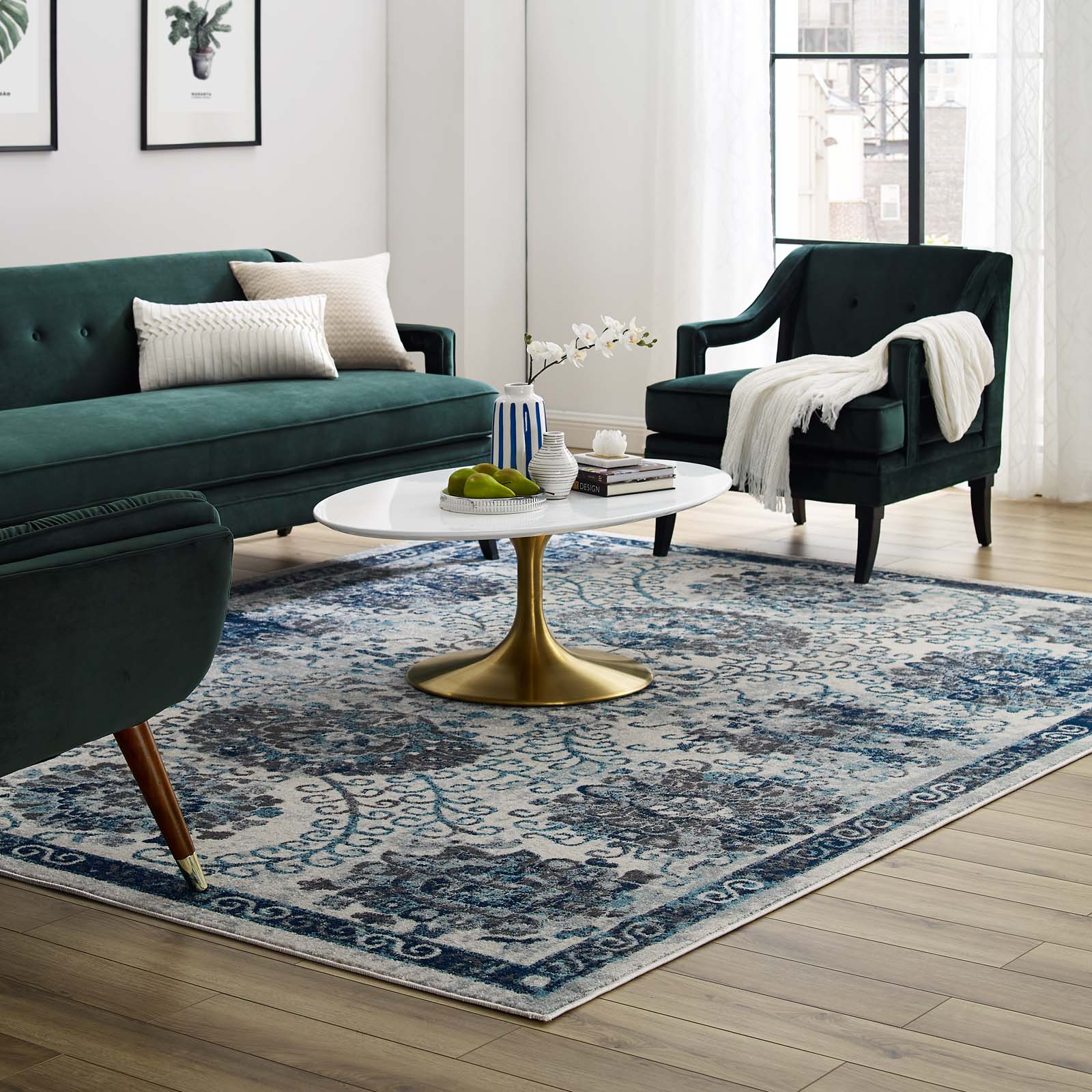 Modway Indoor Rugs - Entourage Kensie Distressed Floral Moroccan Trellis 8x10 Area Rug Ivory & Blue