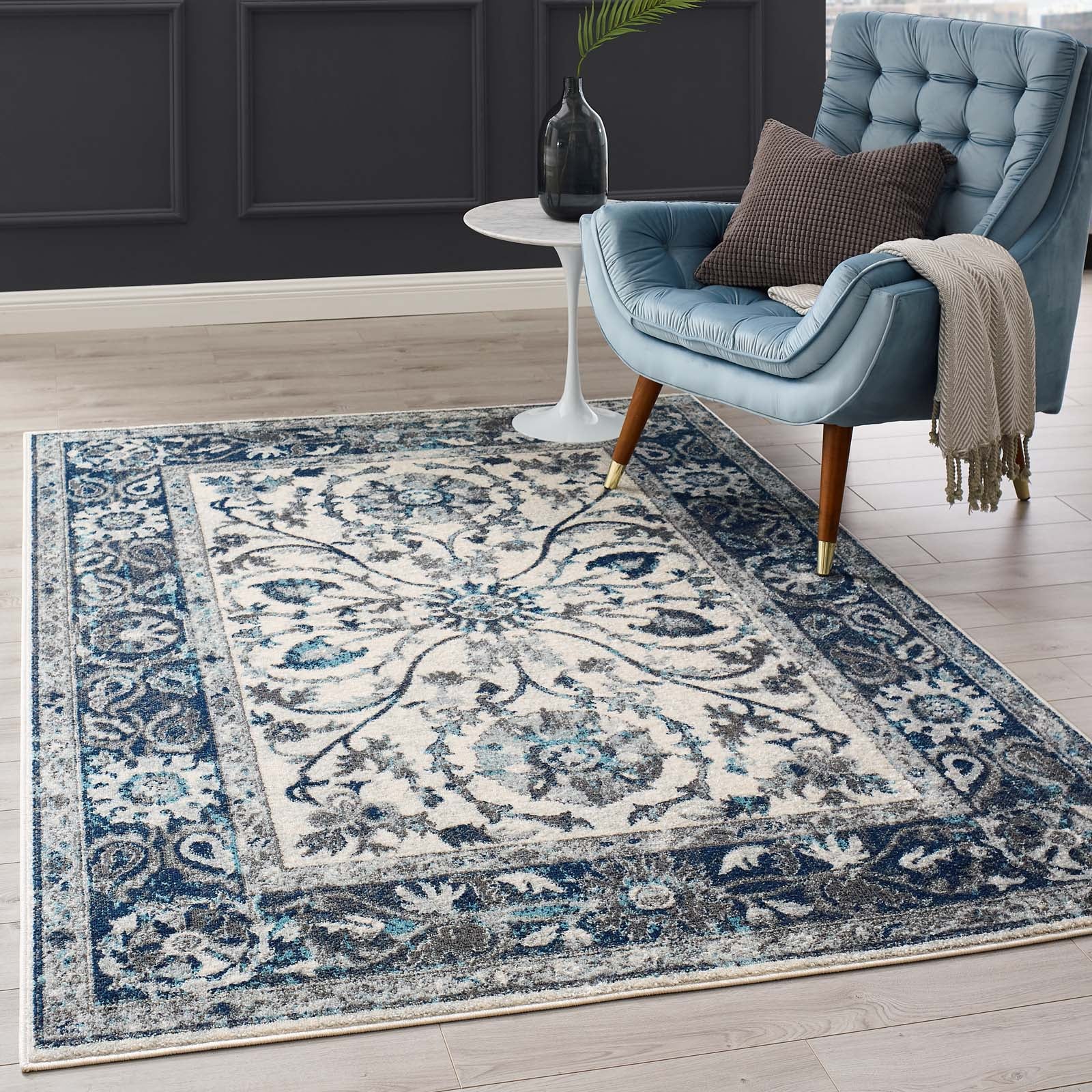 Modway Indoor Rugs - Entourage Samira 5' x 8' Area Rug Ivory & Blue