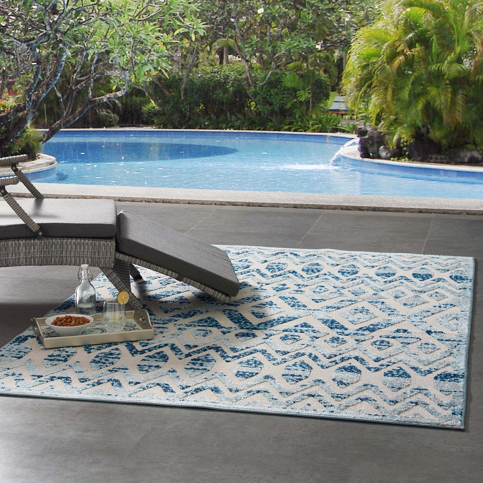 Modway Outdoor Rugs - Reflect Tamako Moroccan Trellis 5x8 Indoor/Outdoor Area Rug Ivory & Blue