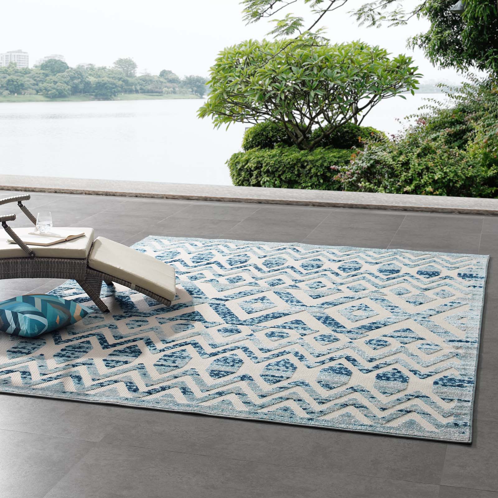 Modway Outdoor Rugs - Reflect Tamako Chevron Trellis 8'x10' Outdoor Area Rug Ivory & Blue