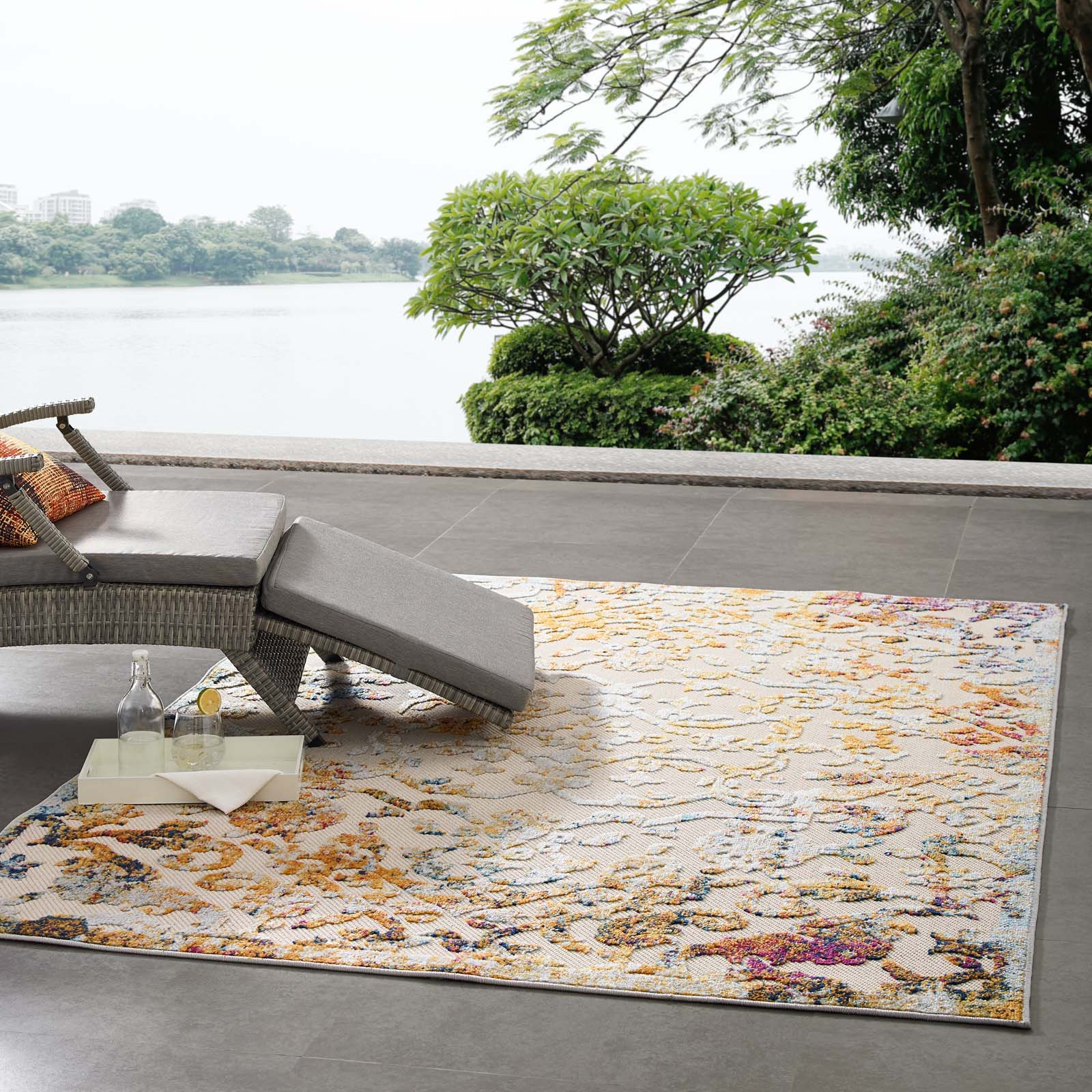Modway Outdoor Rugs - Reflect Primrose Ornate Floral Lattice 5x8 Indoor/Outdoor Area Rug Multicolored
