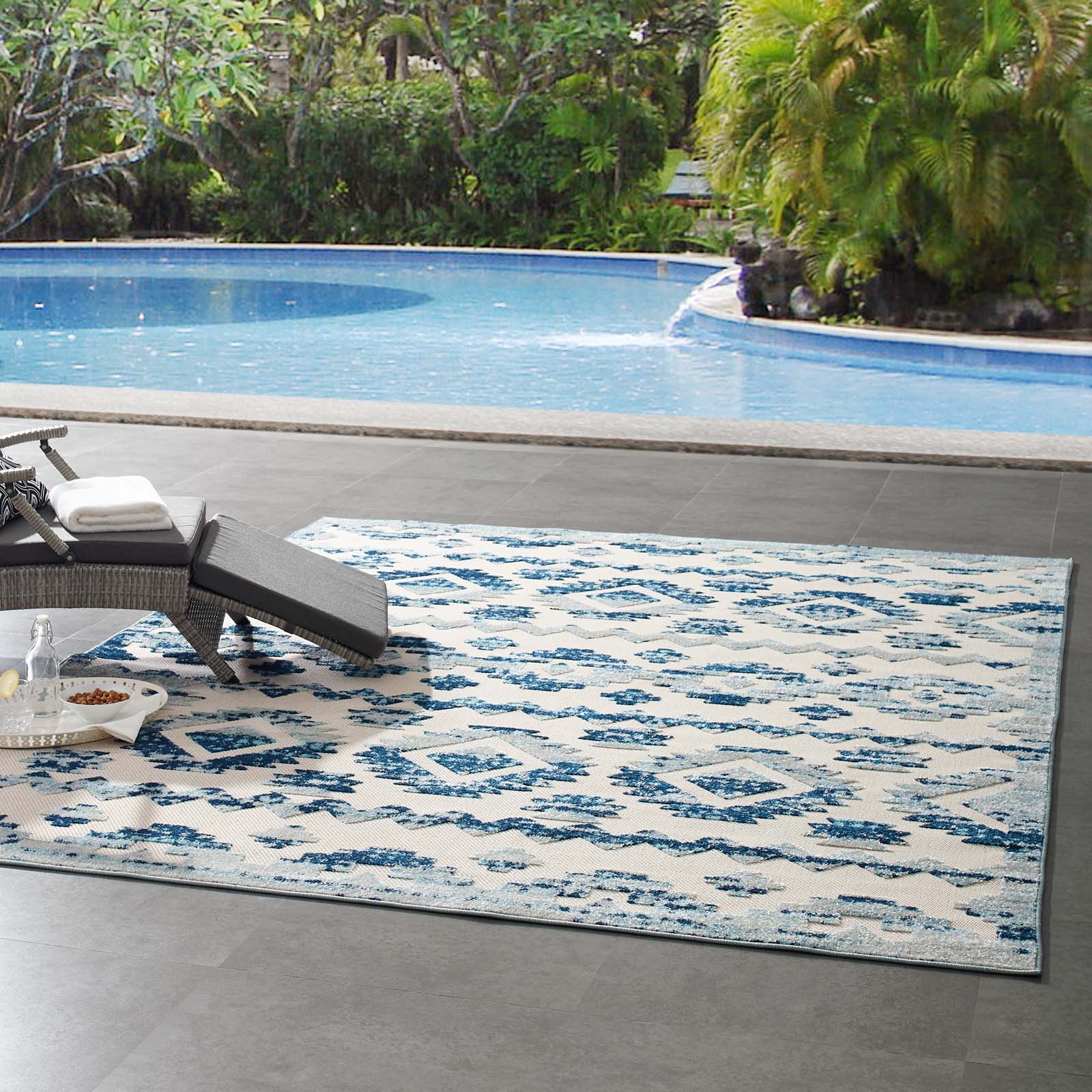 Modway Outdoor Rugs - Reflect Takara Abstract Diamond 8x10 Indoor and Outdoor Area Rug Ivory & Blue