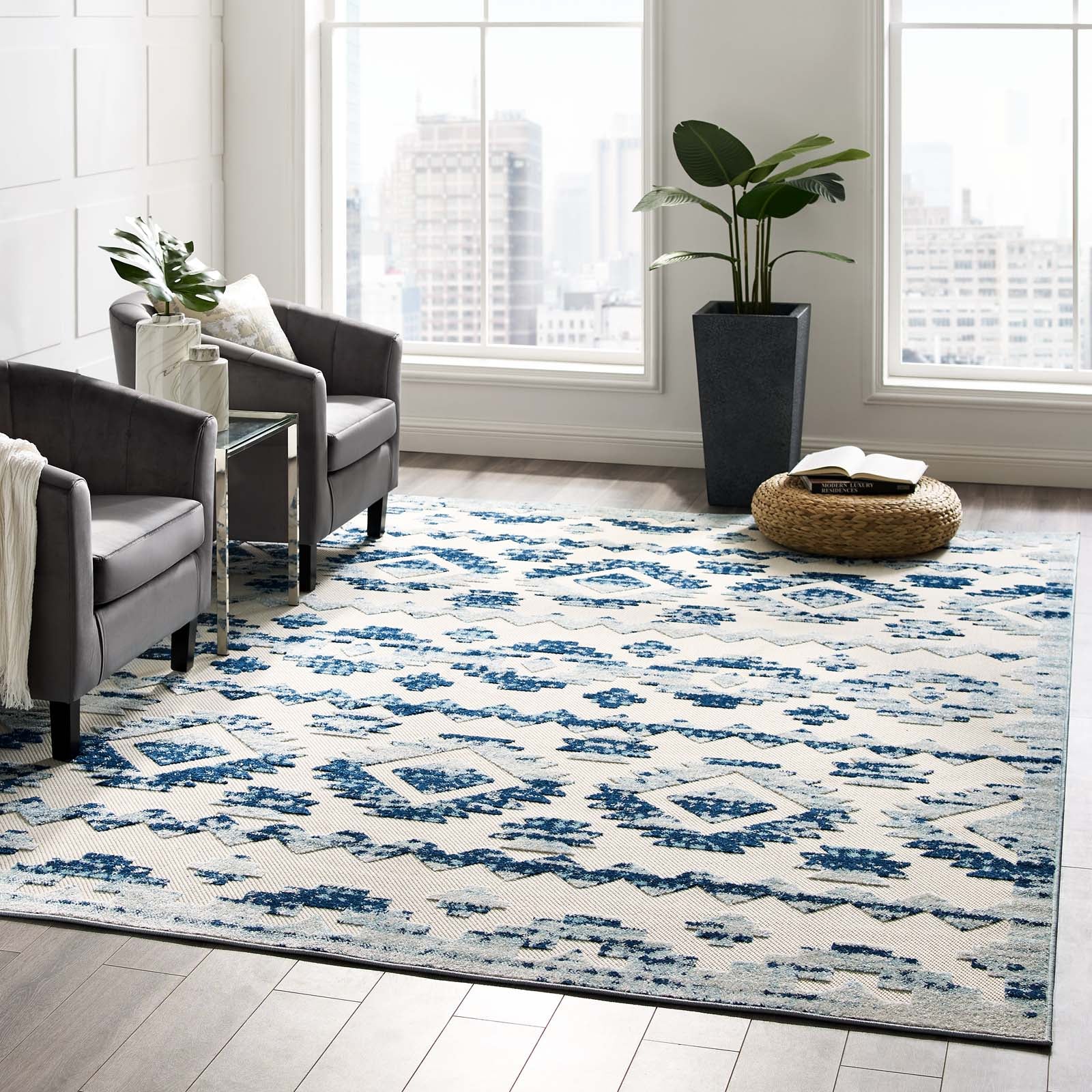 Modway Outdoor Rugs - Reflect Takara Abstract Diamond 8x10 Indoor and Outdoor Area Rug Ivory & Blue