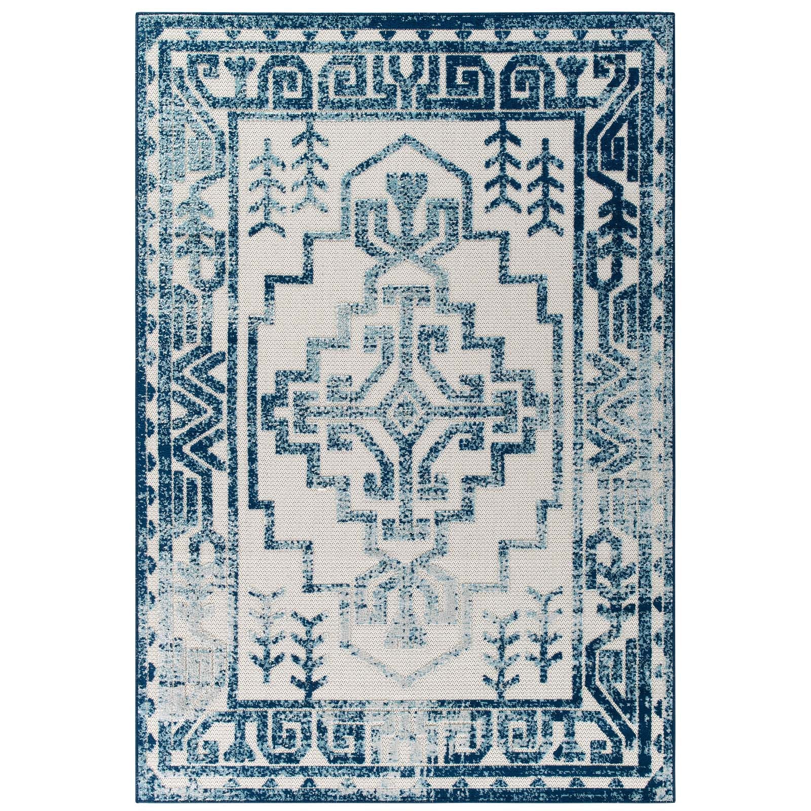 Modway Outdoor Rugs - Reflect Nyssa Distressed Aztec 5x8 Indoor/Outdoor Area Rug Ivory & Blue