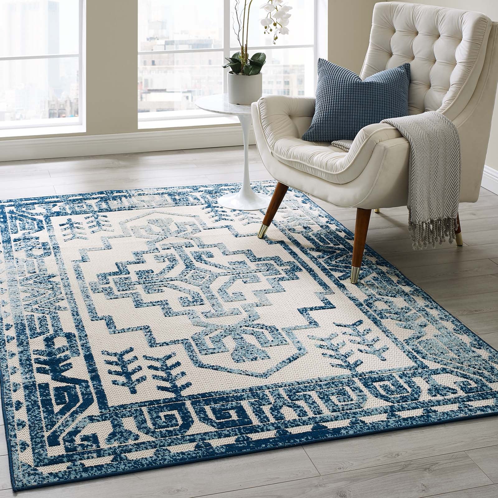 Modway Outdoor Rugs - Reflect Nyssa Distressed Aztec 5x8 Indoor/Outdoor Area Rug Ivory & Blue