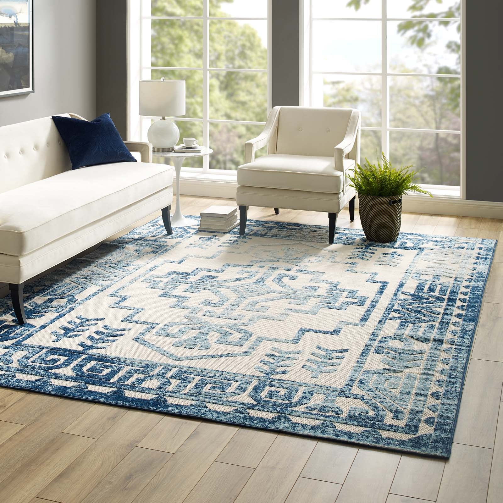 Modway Outdoor Rugs - Reflect Nyssa Distressed 8'x10' Outdoor Area Rug Ivory & Blue