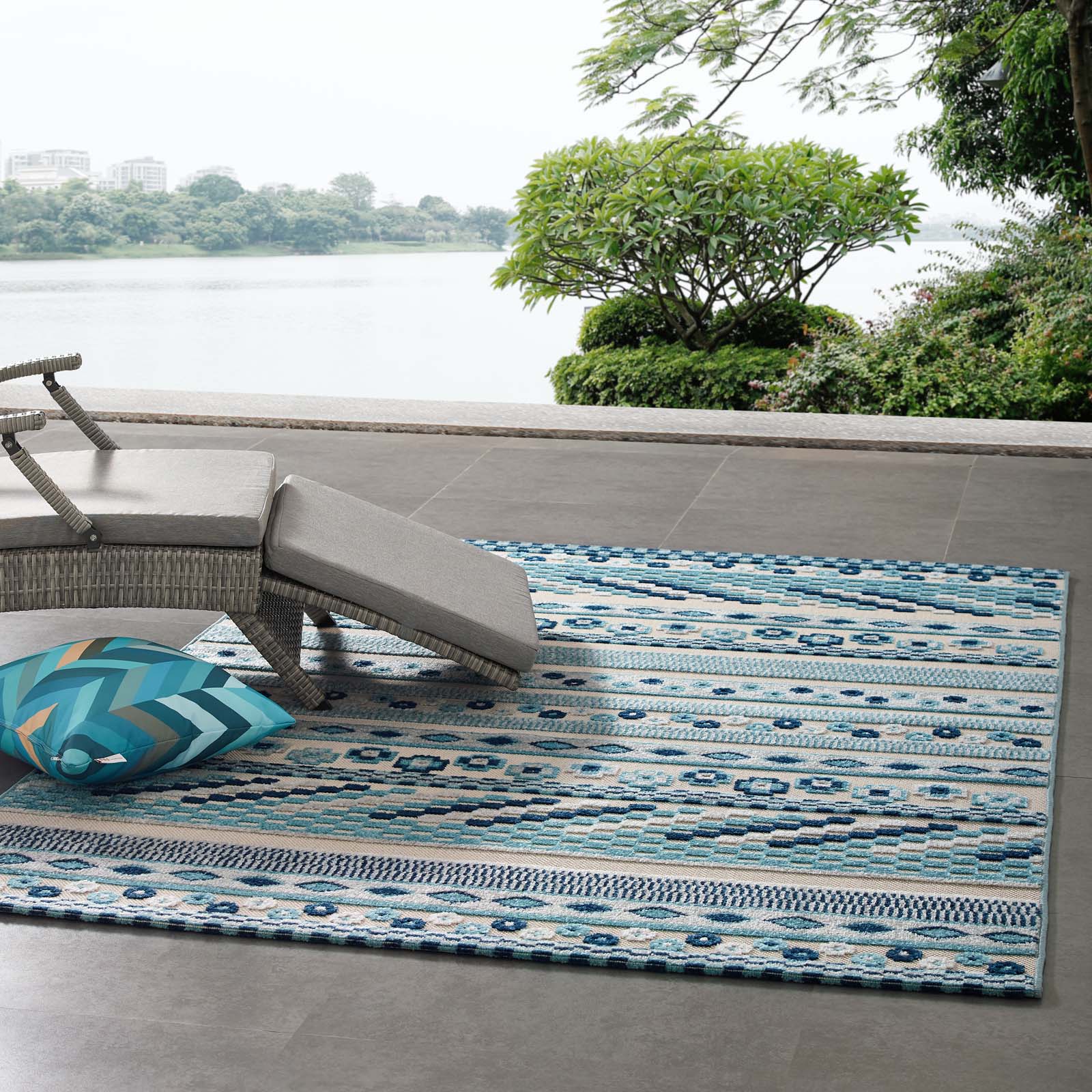 Modway Outdoor Rugs - Reflect Cadhla Vintage Abstract 5'x8' Outdoor Area Rug Ivory & Blue
