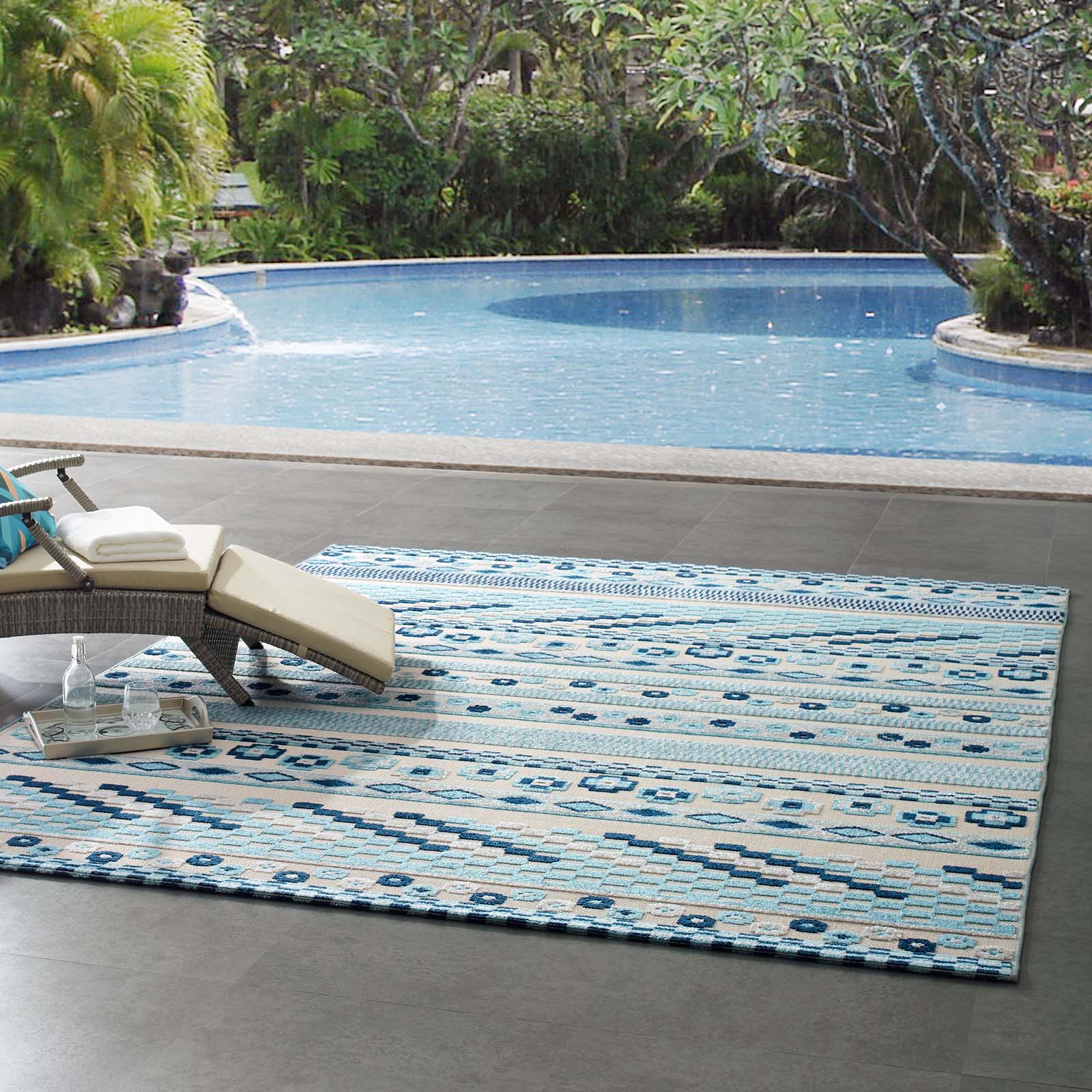 Modway Outdoor Rugs - Reflect Cadhla Geometric Lattice 8x10 Indoor and Outdoor Area Rug Ivory & Blue