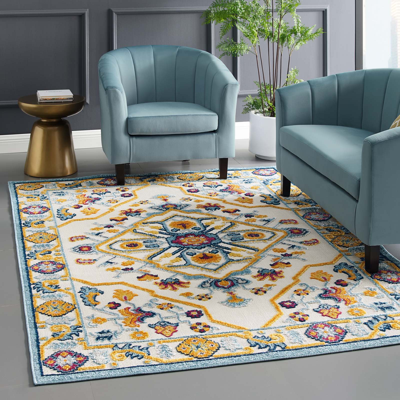 Modway Outdoor Rugs - Reflect Freesia Persian Medallion 5x8 Indoor and Outdoor Area Rug Multicolored