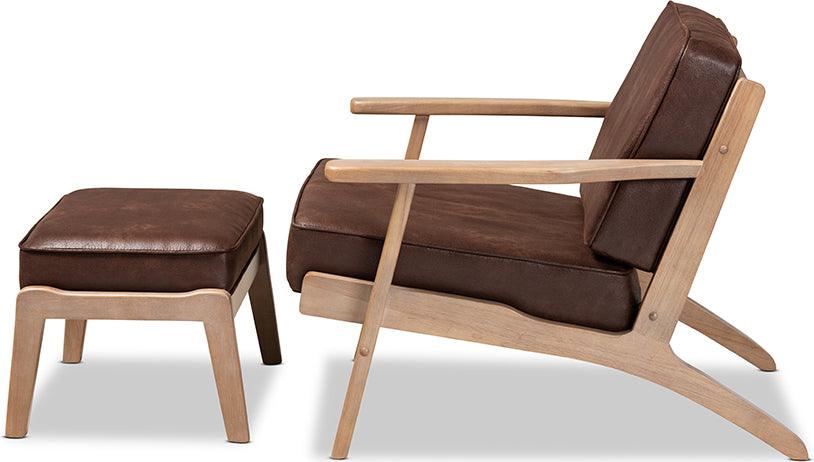 Wholesale Interiors Living Room Sets - Sigrid Brown Faux Leather Fabric Upholstered Antique Oak 2-Piece Wood Armchair And Ottoman Set
