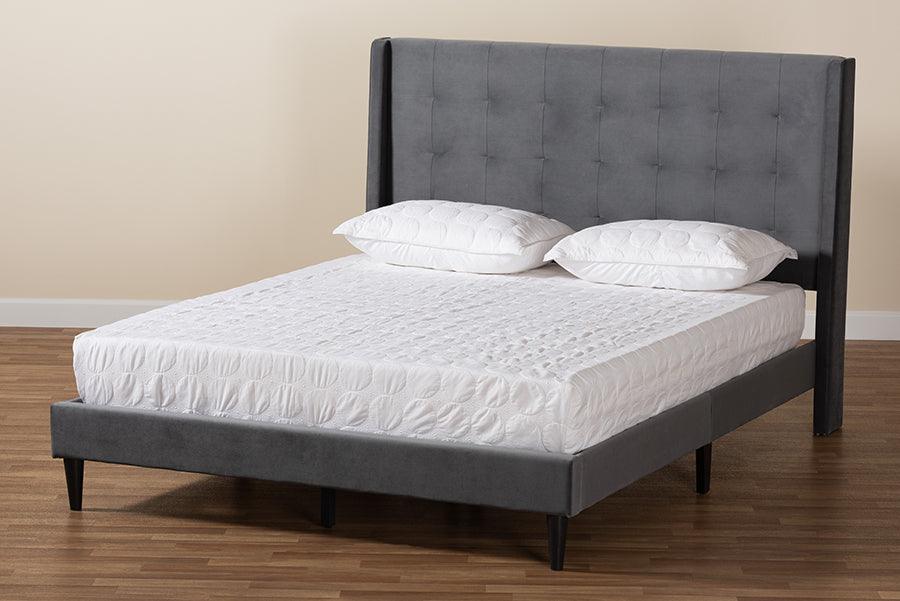 Wholesale Interiors Beds - Gothard Grey Velvet Fabric Upholstered and Dark Brown Finished Wood Queen Size Platform Bed