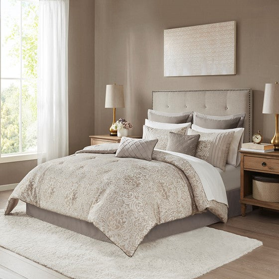 Olliix.com Comforters & Blankets - 12 Piece Jacquard Comforter Set with Bed Sheets Khaki Cal King