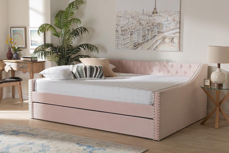 Wholesale Interiors Daybeds - Raphael Pink Velvet Fabric Upholstered Full Size Daybed with Trundle