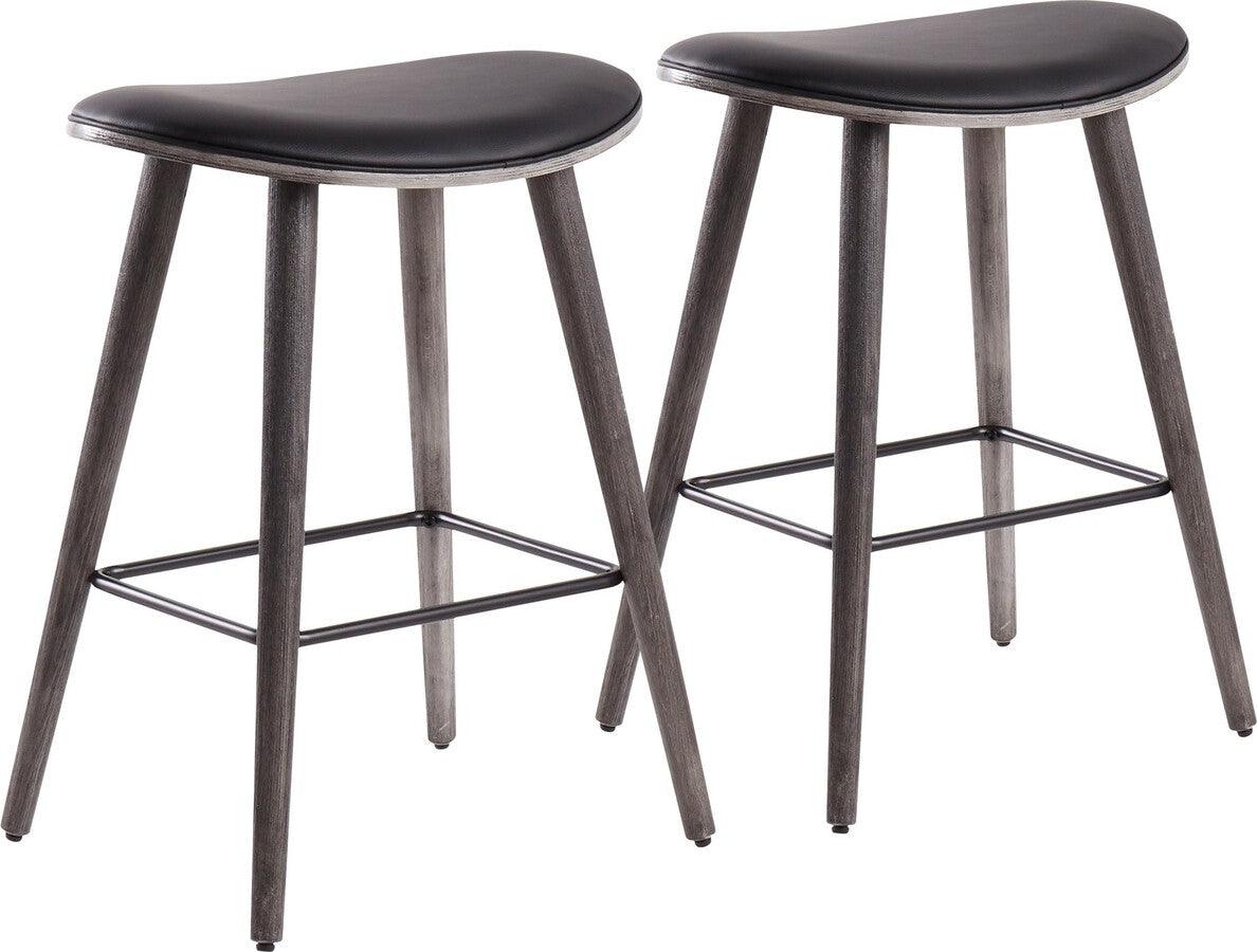 Lumisource Barstools - Saddle 26" Contemporary Counter Stool in Grey Wood & Black Faux Leather- Set of 2